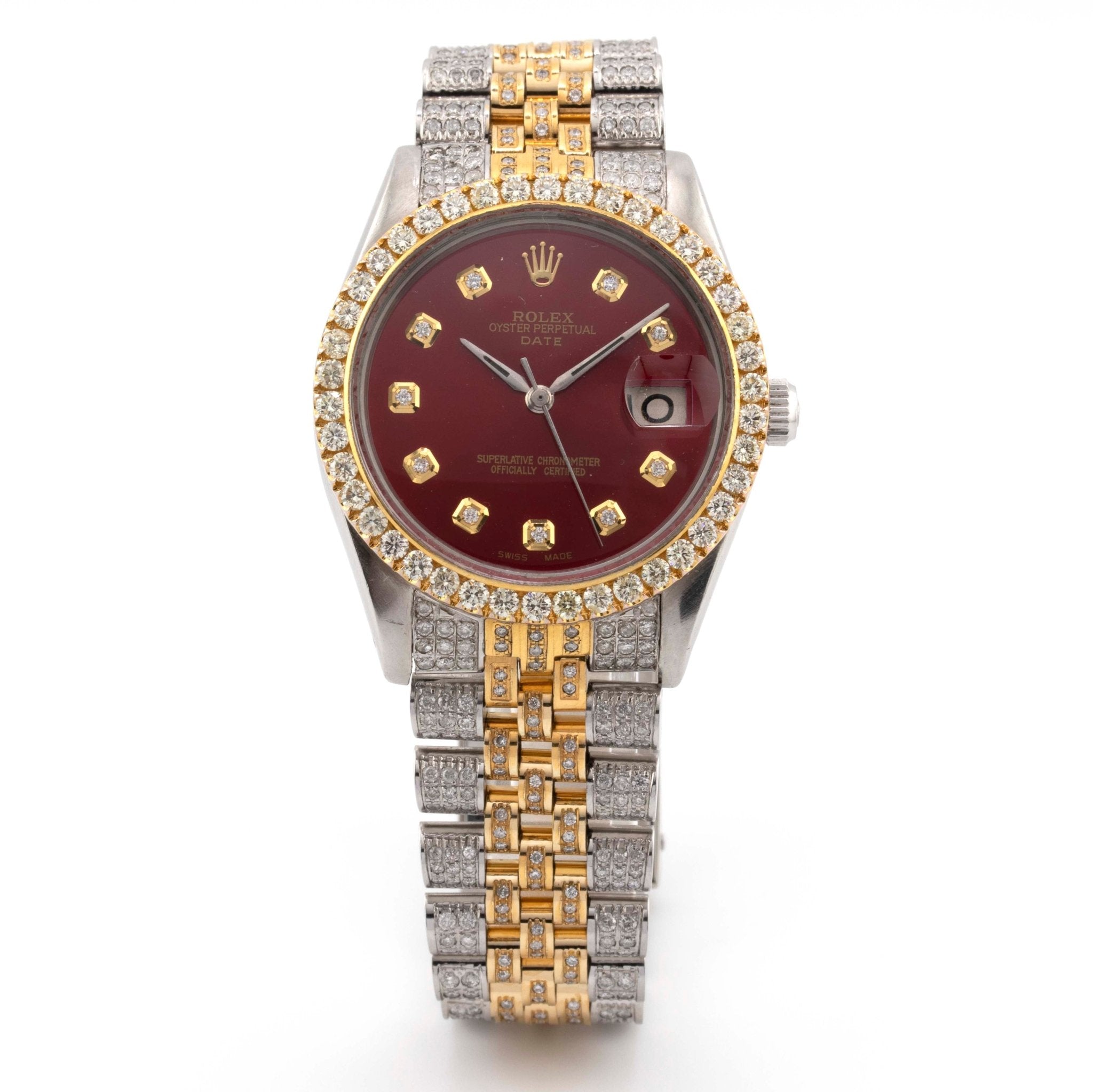 36mm Datejust Fully Iced Out Two Tone Yellow White Jubliee Band Single Row Diamond Bezel Red Diamond Dial - Elite Jewelers - Luxury Watch