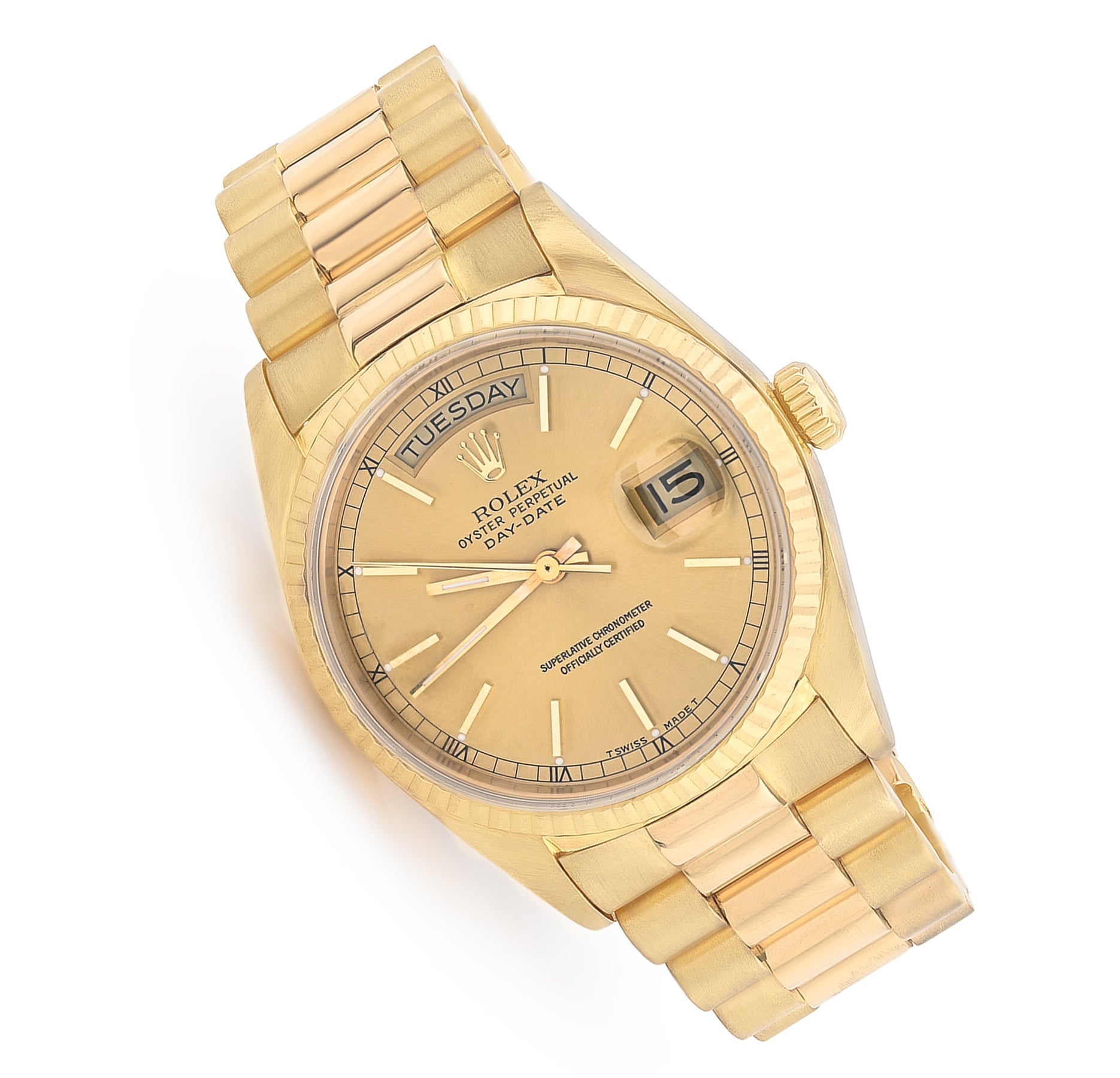 36MM Gold Rolex Day Date Presidential 18k Yellow Fluted Bezel Jubilee Band 128238 - Elite Jewelers - Luxury Watch