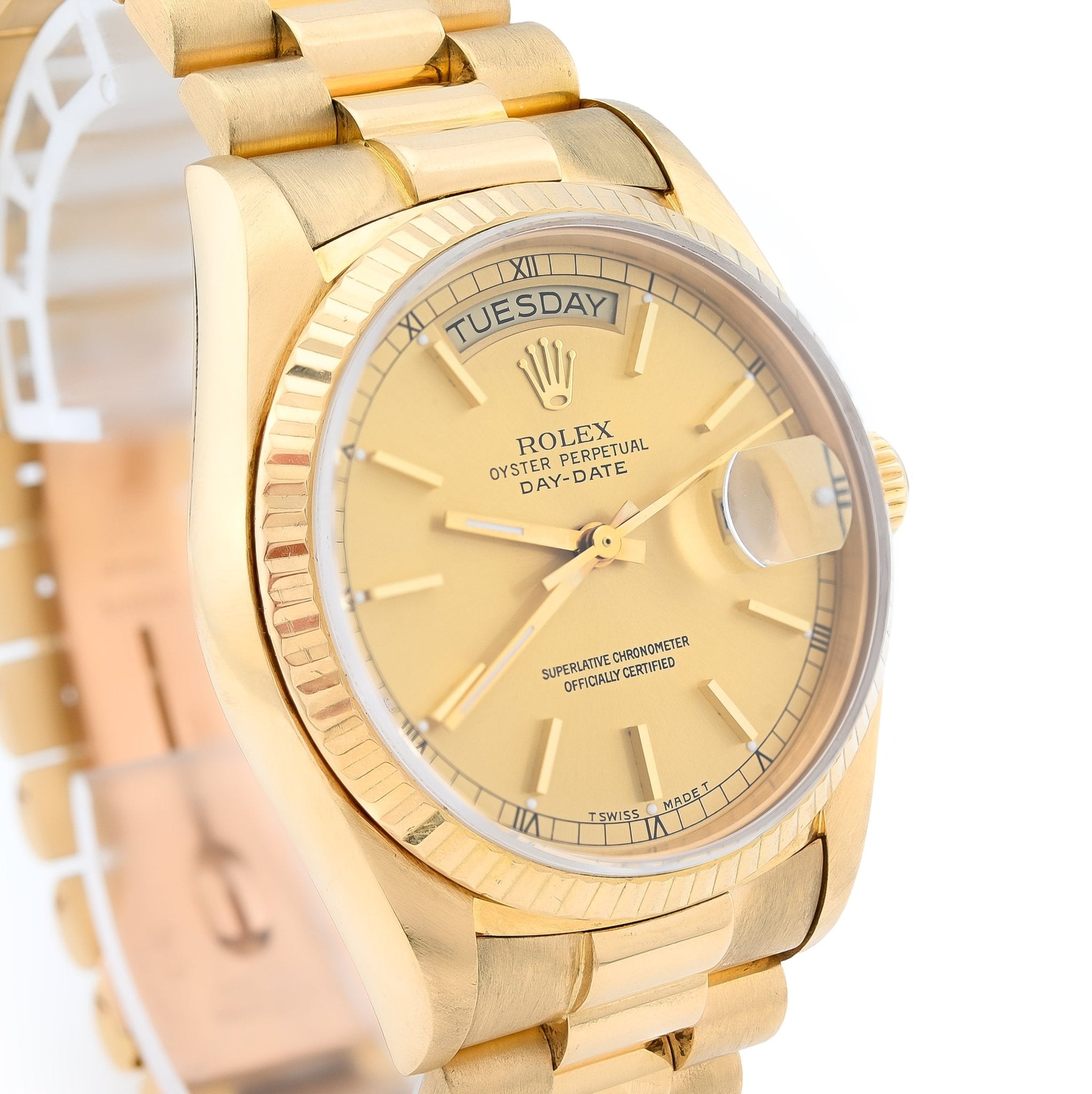 36MM Gold Rolex Day Date Presidential 18k Yellow Fluted Bezel Jubilee Band 128238 - Elite Jewelers - Luxury Watch
