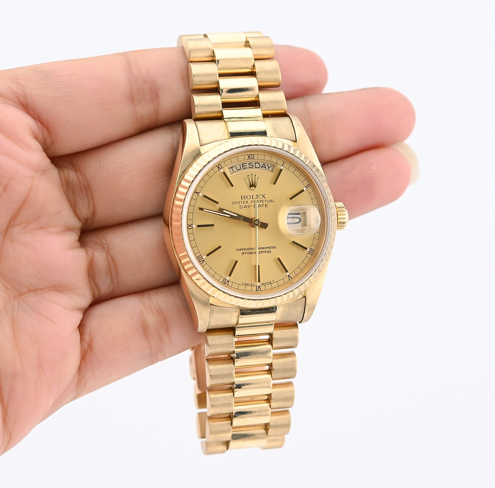 36MM Gold Rolex Day Date Presidential 18k Yellow Fluted Bezel Jubilee Band 128238 - Elite Jewelers - Luxury Watch