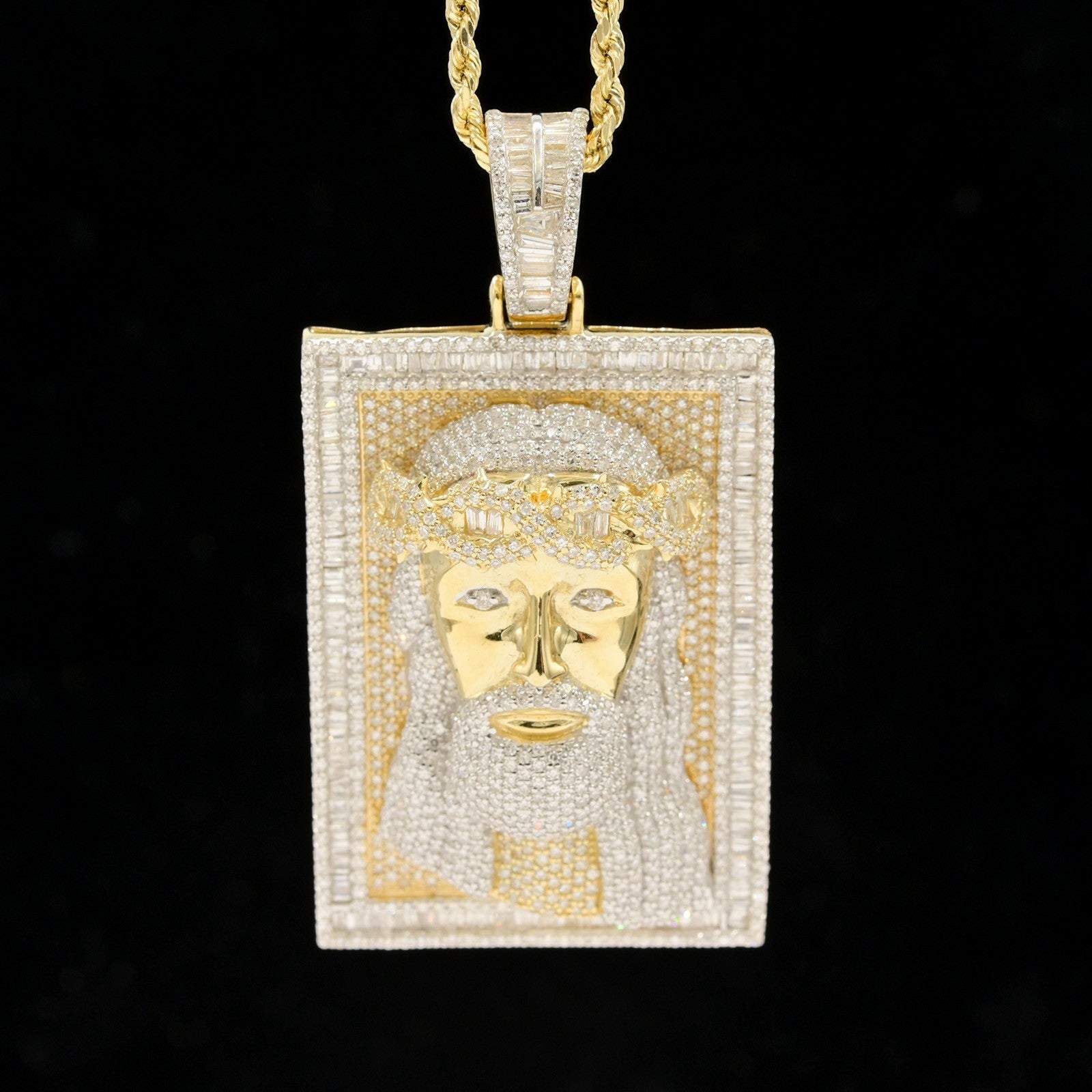 10k Yellow Gold 4.5CTW Round & Baguette Diamond Jesus Head on Frame Pendant 23gm