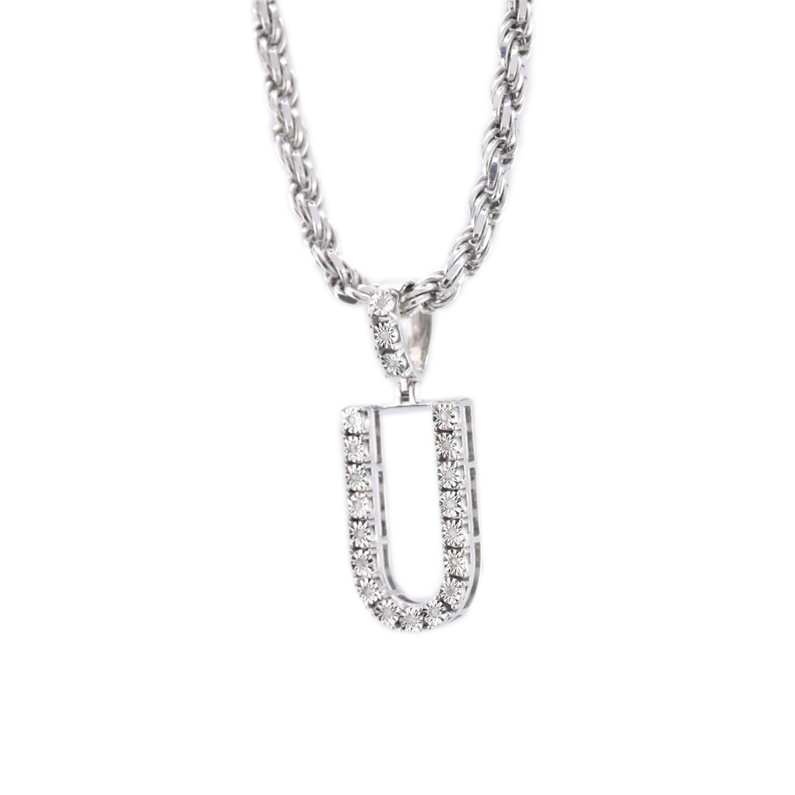 925 Silver Natural 0.15 CTW Diamond Initial Alphabet "U" Pendant 2g Unisex Charm
