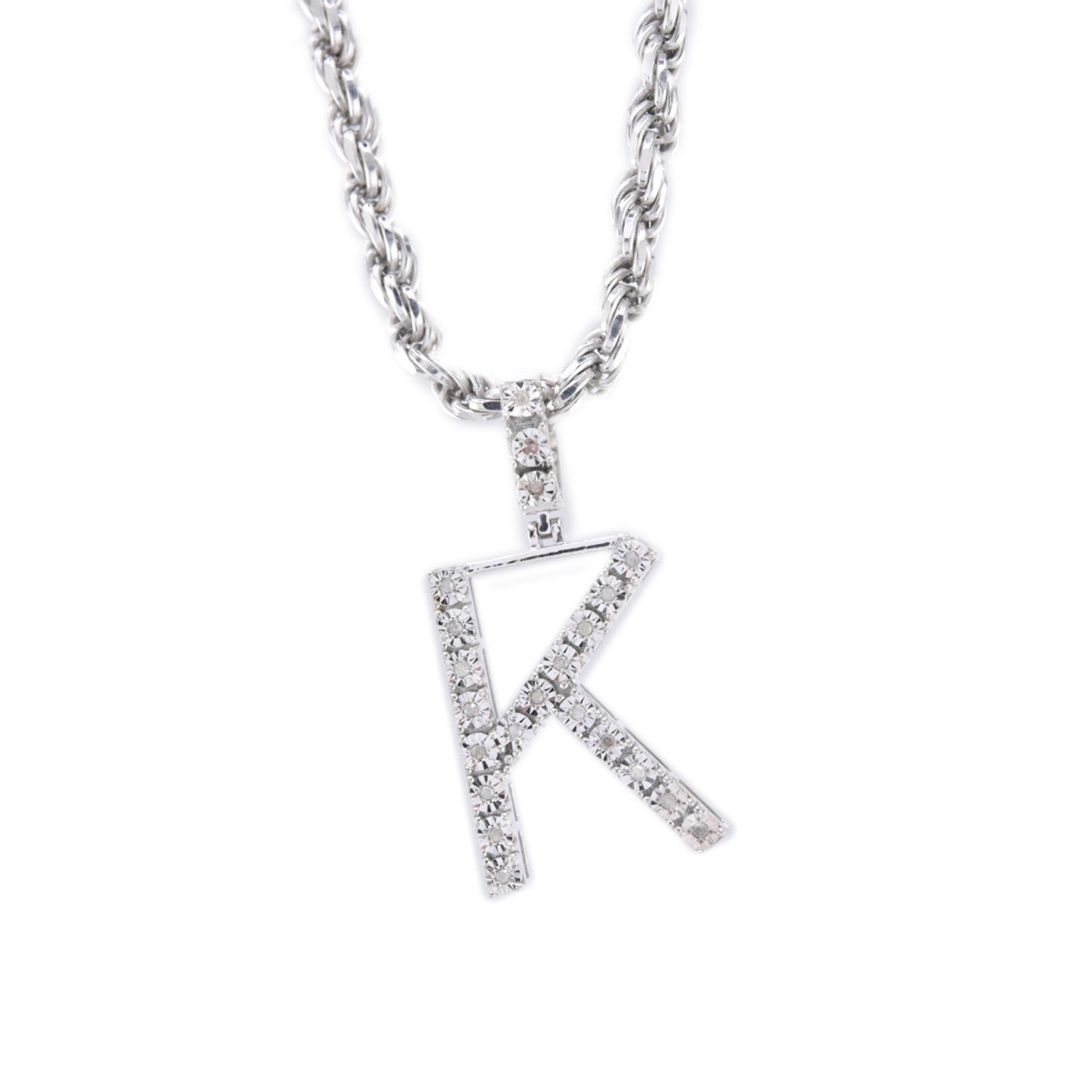 925 Silver Natural 0.15 CTW Diamond Initial Alphabet "K" Pendant 2g Unisex Charm