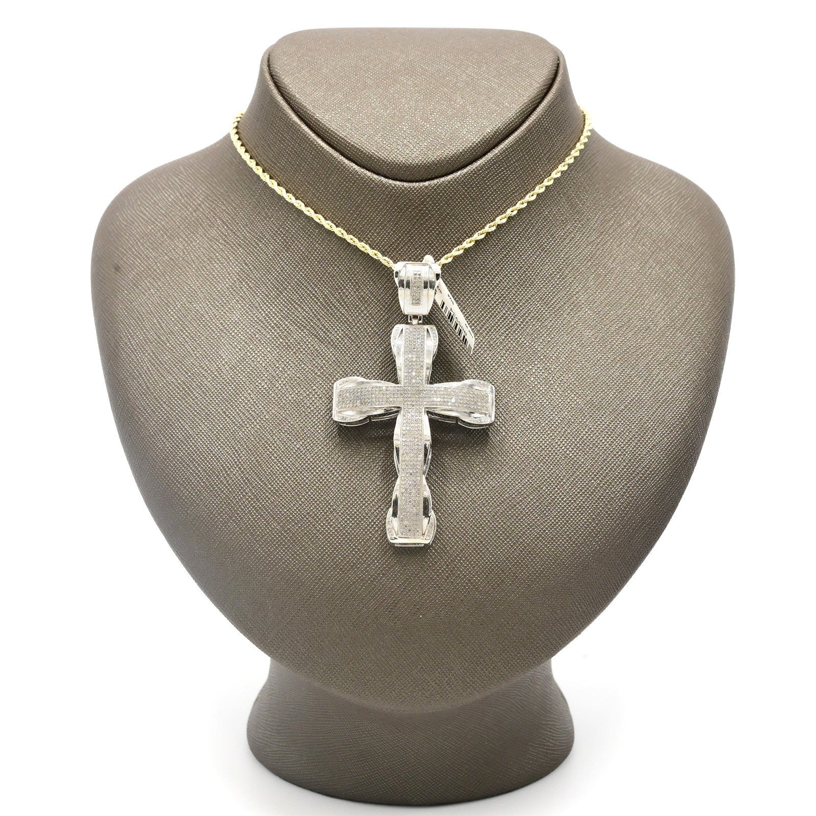 10k White Gold 1.5CTW Natural Round Diamond Iced-Out Cross Charm Pendant 17.2g