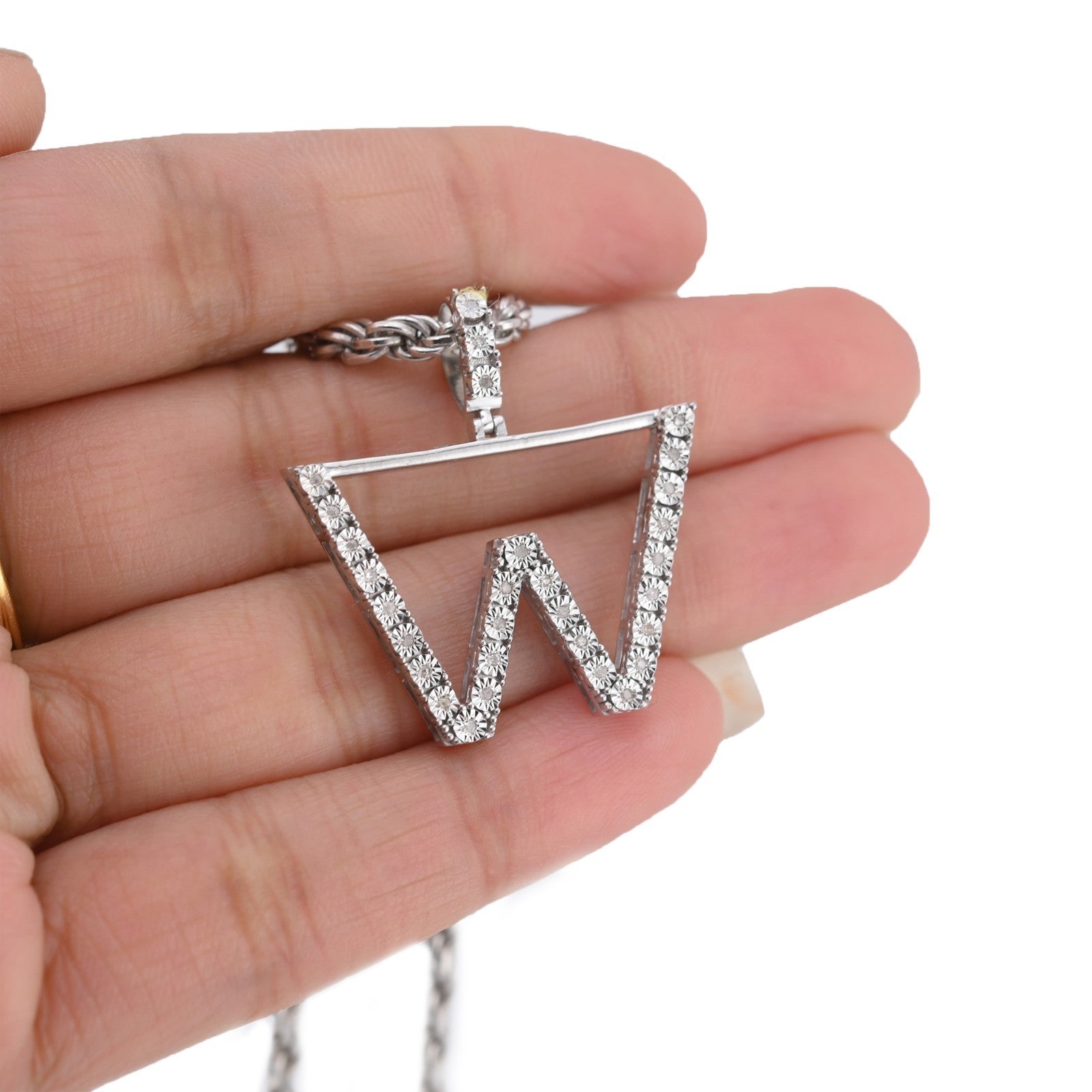 925 Silver Natural 0.15 CTW Diamond Initial Alphabet "W" Pendant 2g Unisex Charm