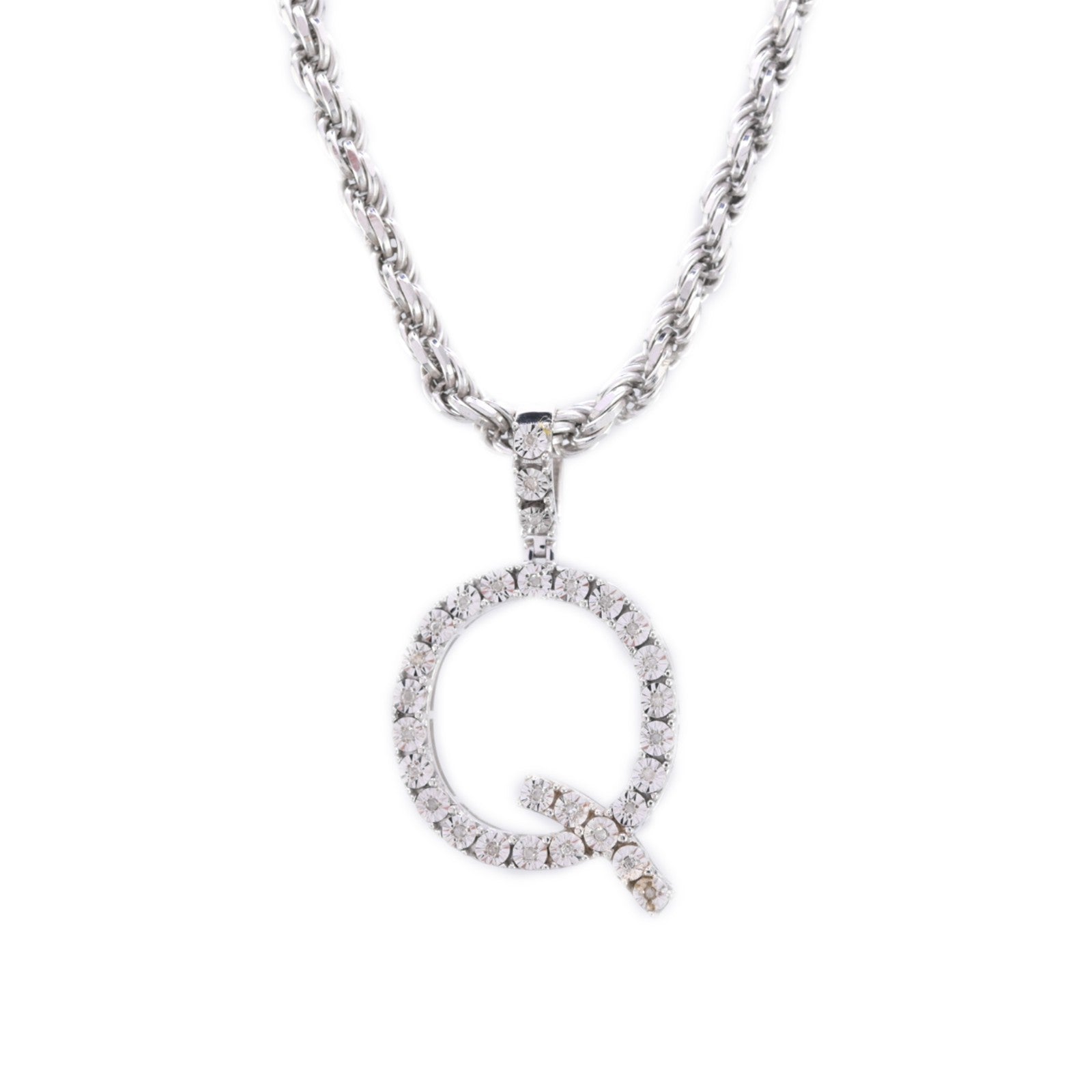 925 Silver Natural 0.15 CTW Diamond Initial Alphabet "Q" Pendant 2g Unisex Charm