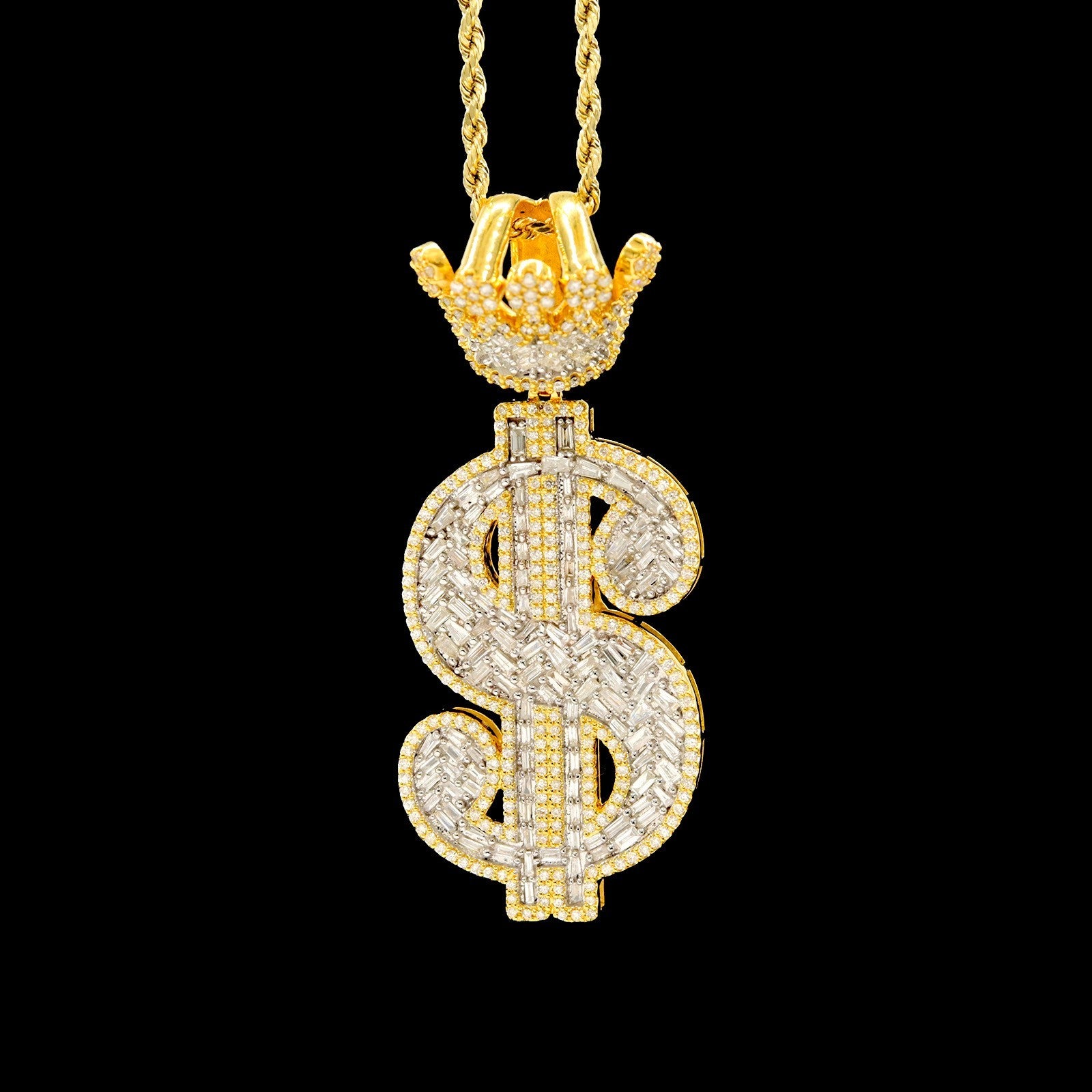 10k Yellow Gold 3.5CTW Round & Baguette Diamond Dollar Sign Pendant 17.8g Charm