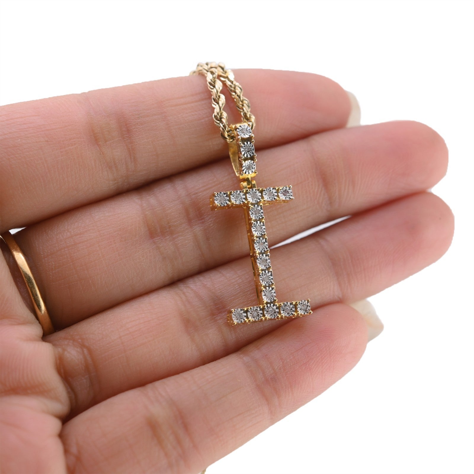 925 Yellow Natural 0.15 CTW Diamond Initial Alphabet "I" Pendant 2g Unisex Charm