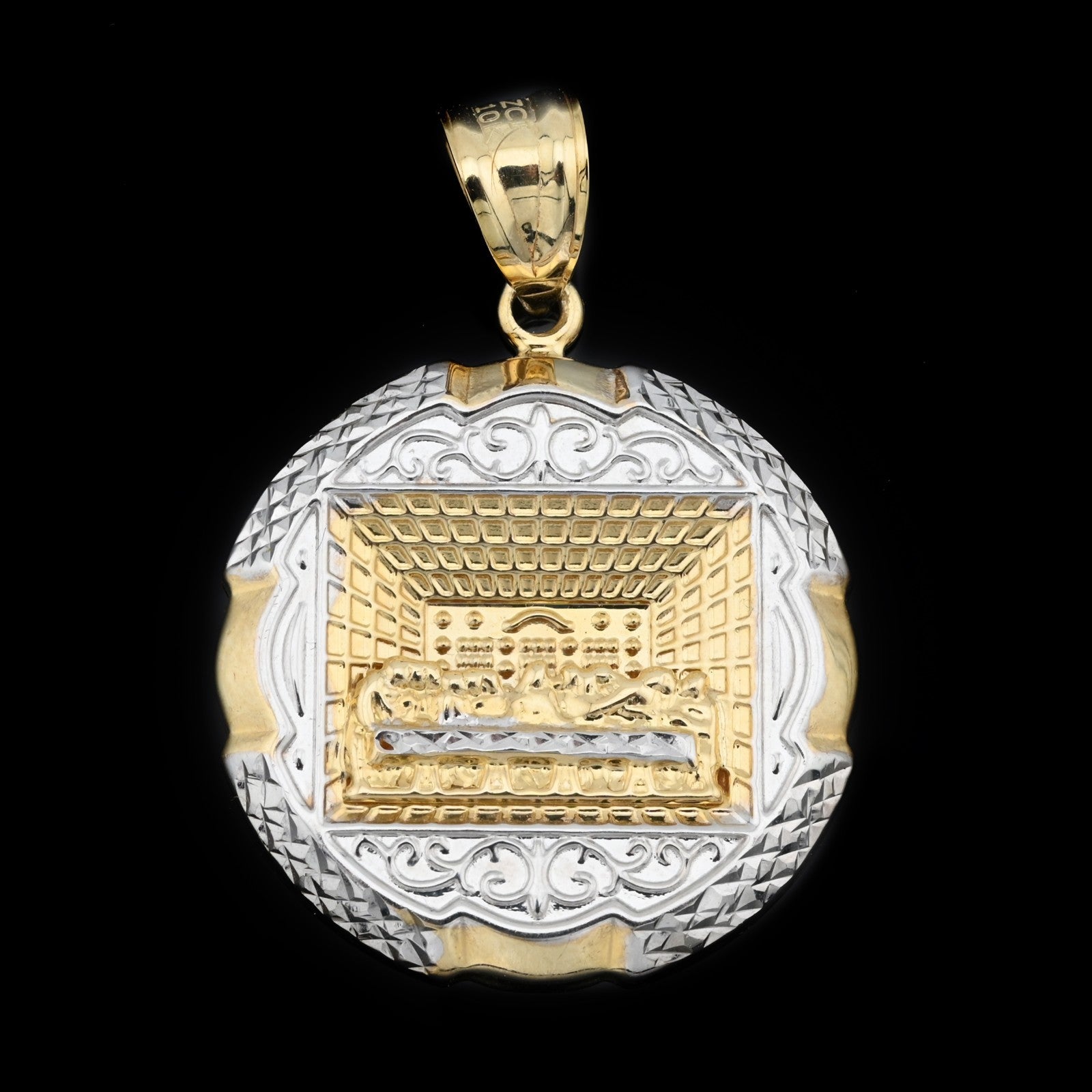 10K Yellow Gold Men Last Supper Apostles Pendant 1.35" 2 Tone Diamond Cut Charm