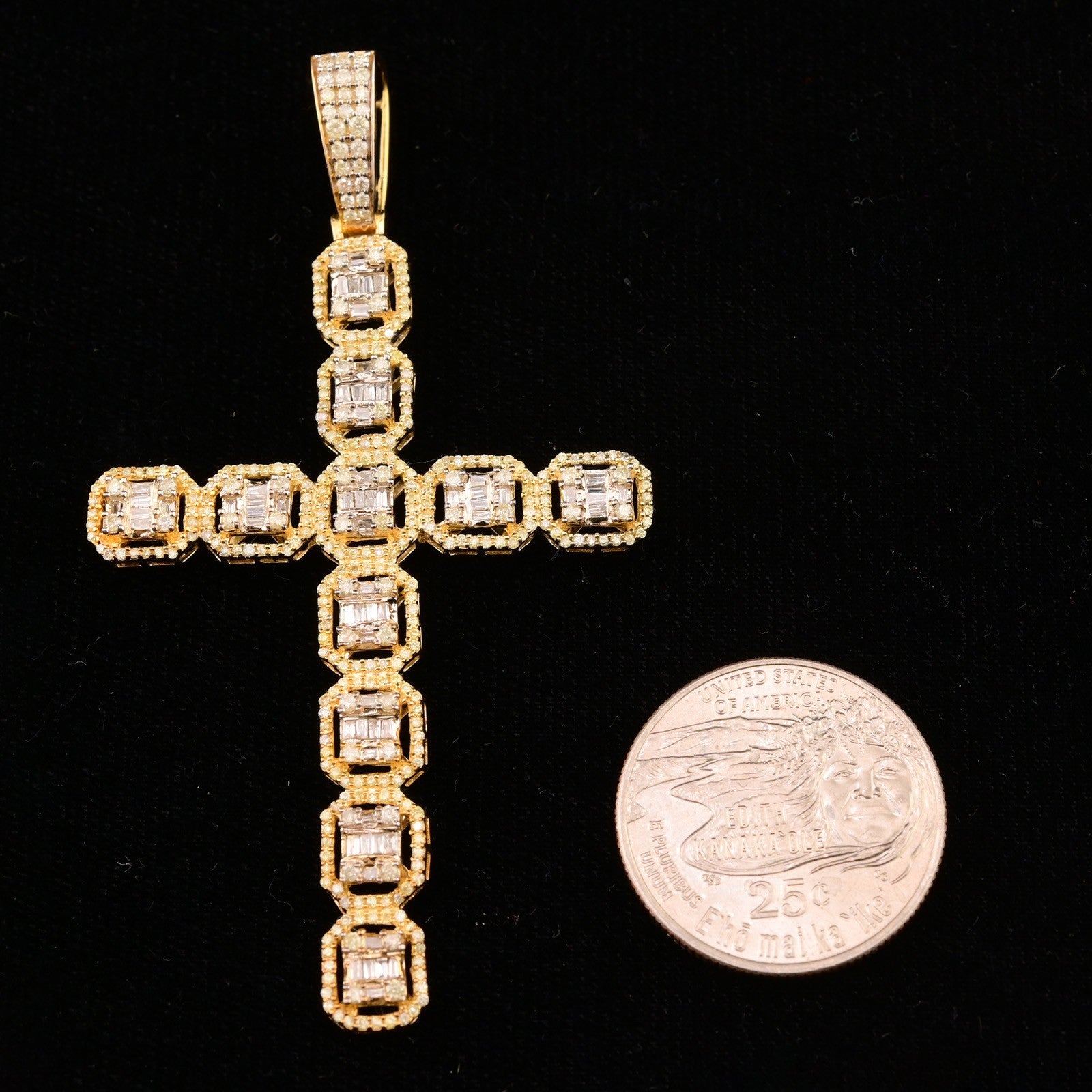 10k Yellow Gold 3.5CTW Natural Round & Baguette Diamond Cross Pendant 7.7g Charm