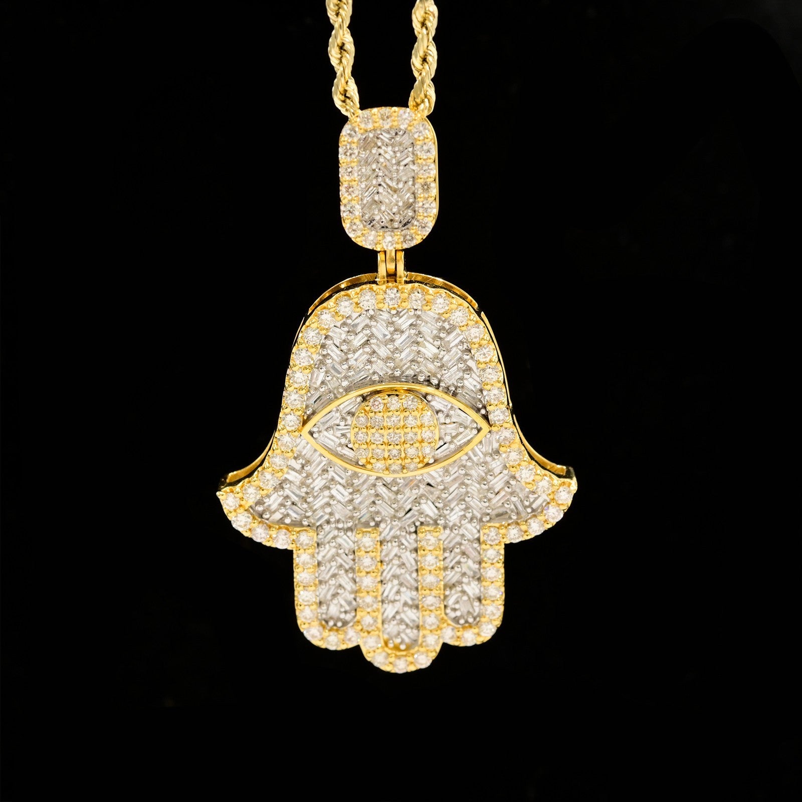 10k Yellow Gold 3.6CTW Round & Baguette Diamond Hamsa Hand Pendant 13.9g Charm