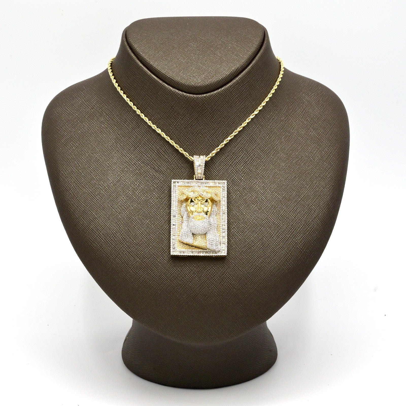 10k Yellow Gold 4.5CTW Round & Baguette Diamond Jesus Head on Frame Pendant 23gm