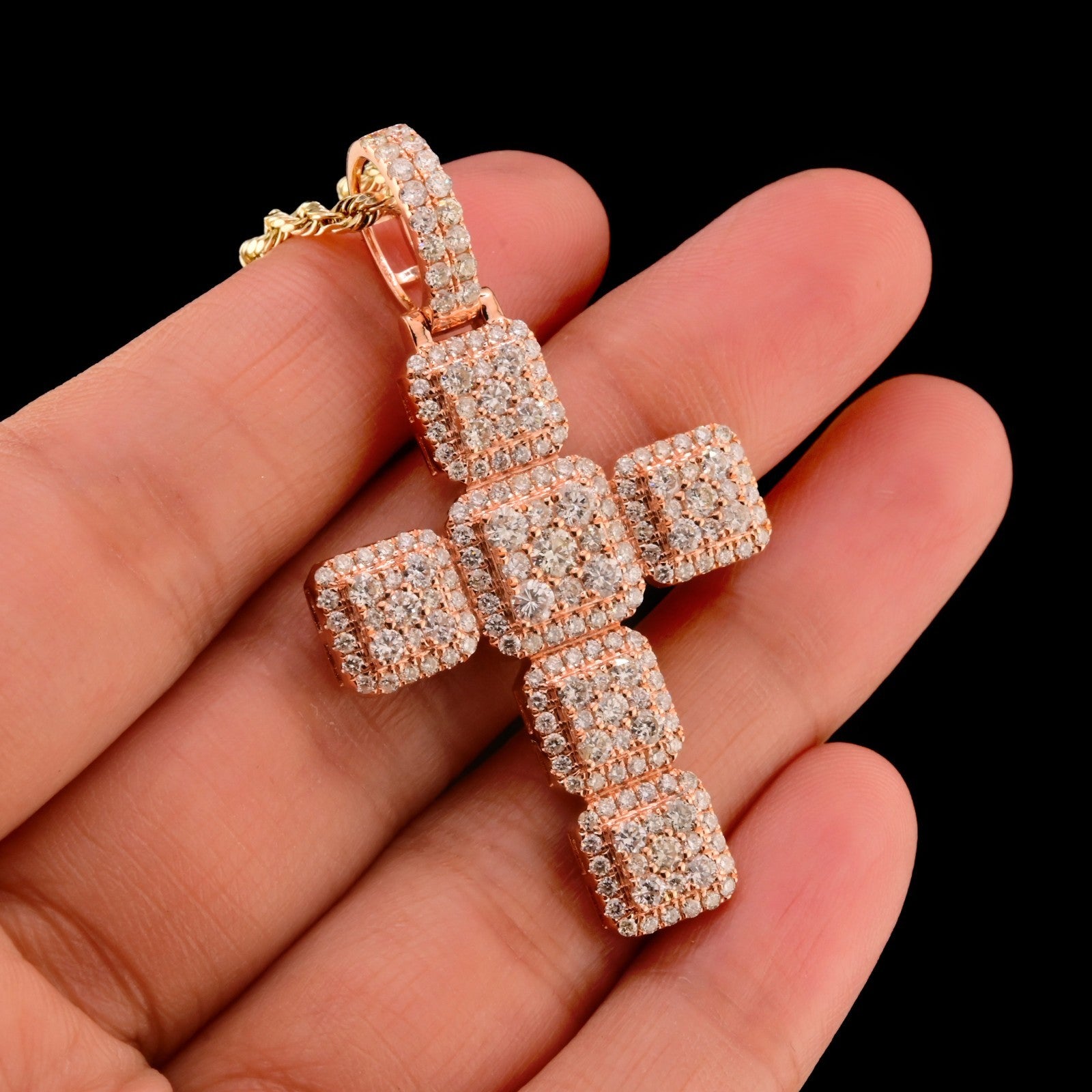 14k Rose Gold 3.03CTW Natural Round Diamond Cross Religious Pendant 6.7g Charm