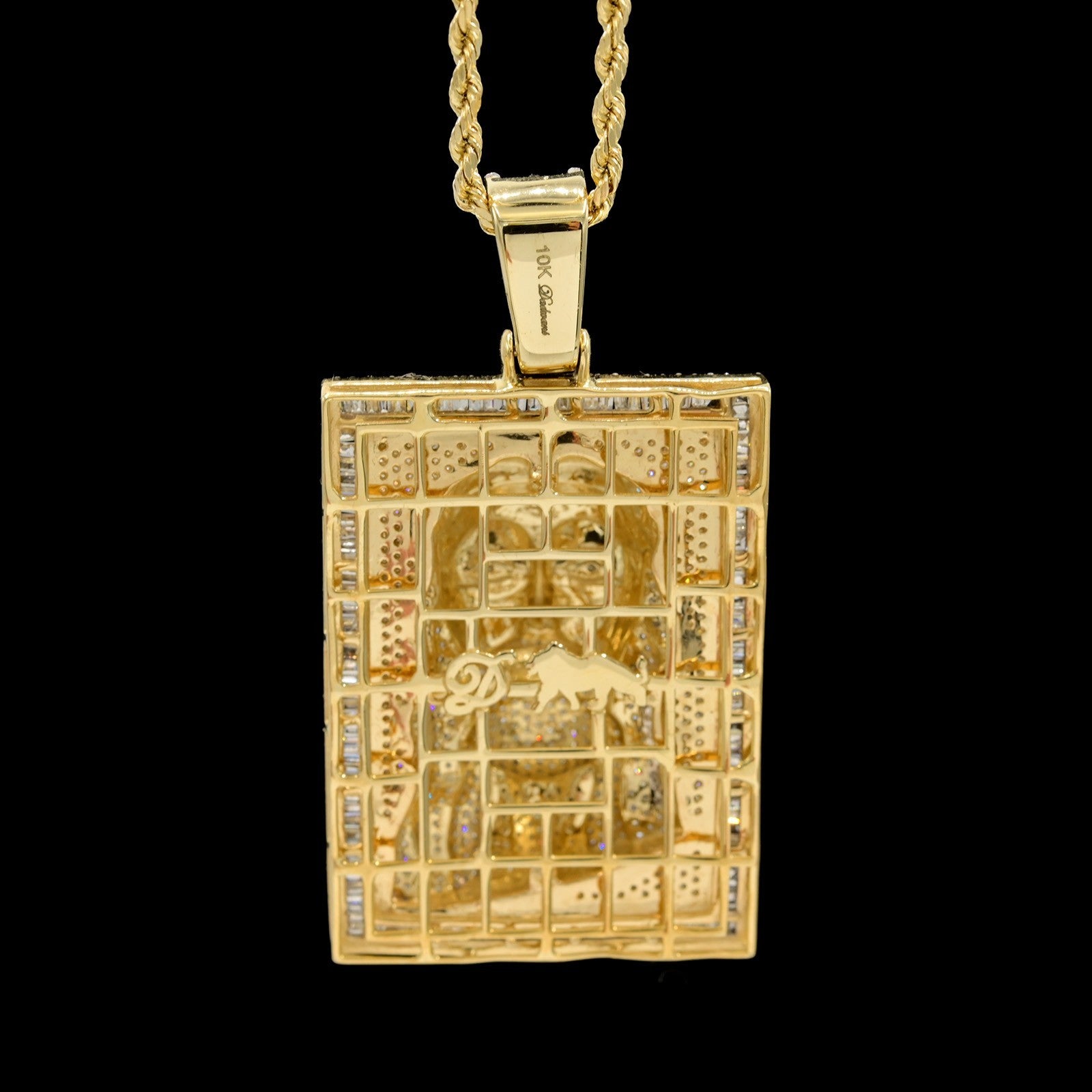 10k Yellow Gold 4.5CTW Round & Baguette Diamond Jesus Head on Frame Pendant 23gm