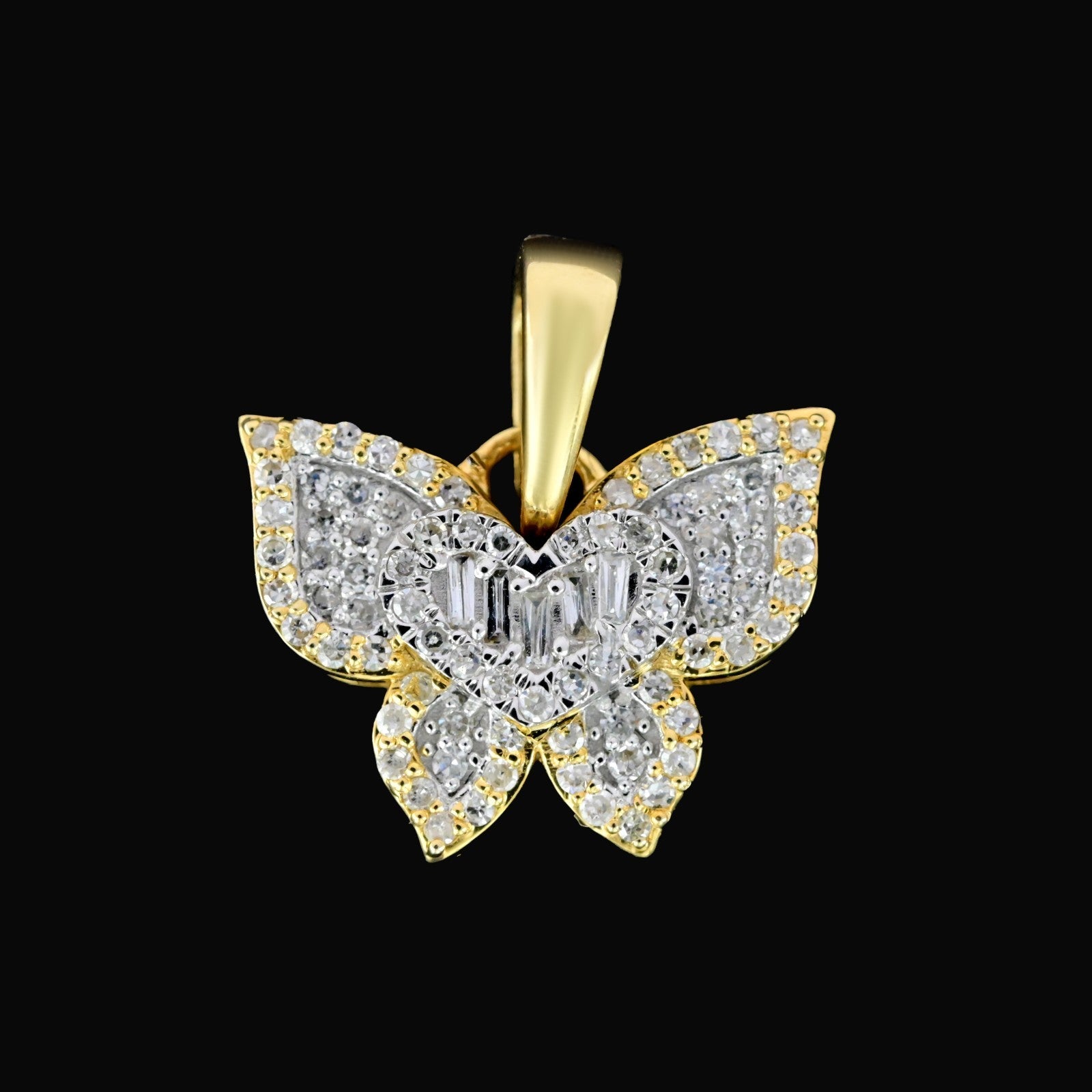 10k Yellow Gold 0.25CTW Round & Baguette Diamond Butterfly Pendant 1.9g Charm