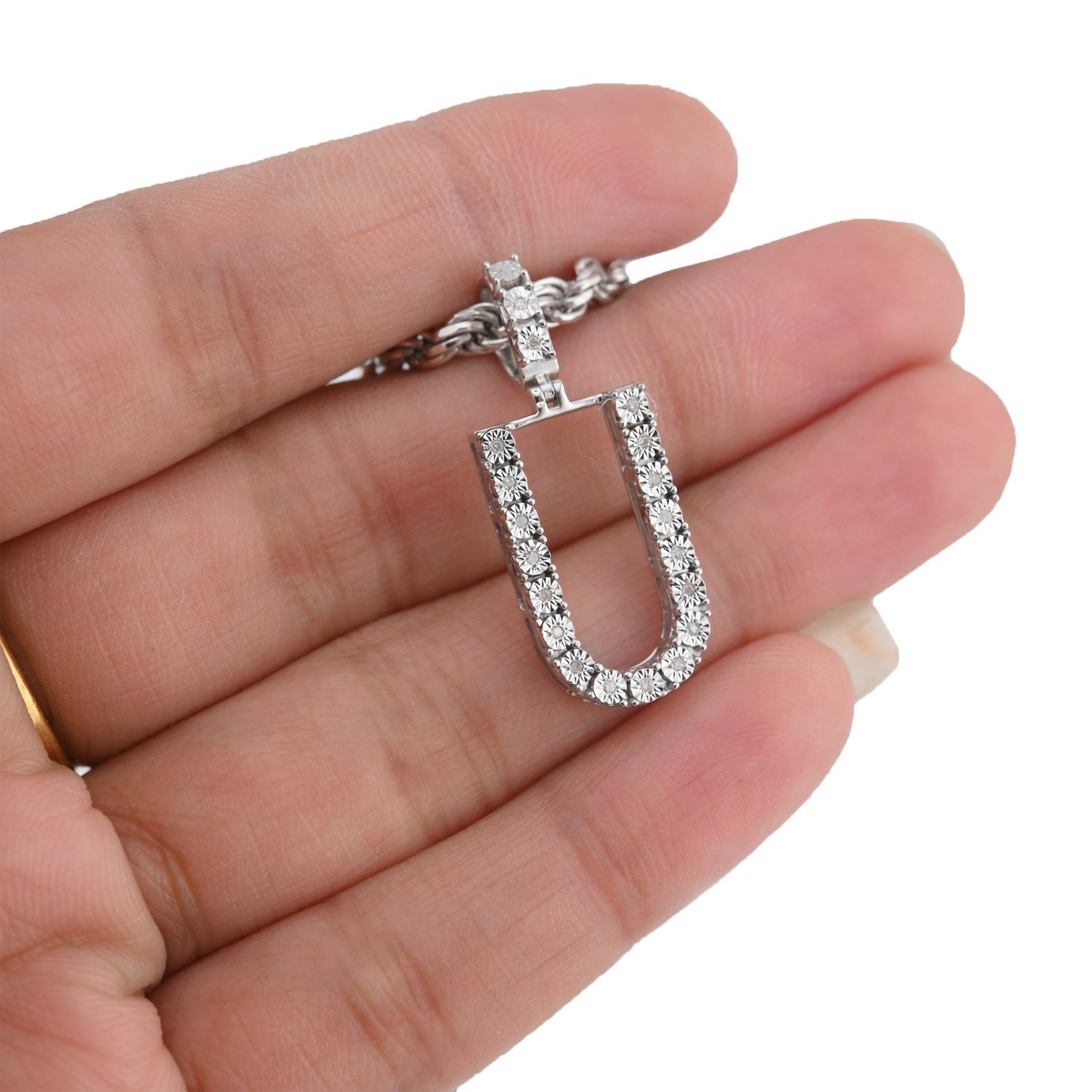 925 Silver Natural 0.15 CTW Diamond Initial Alphabet "U" Pendant 2g Unisex Charm