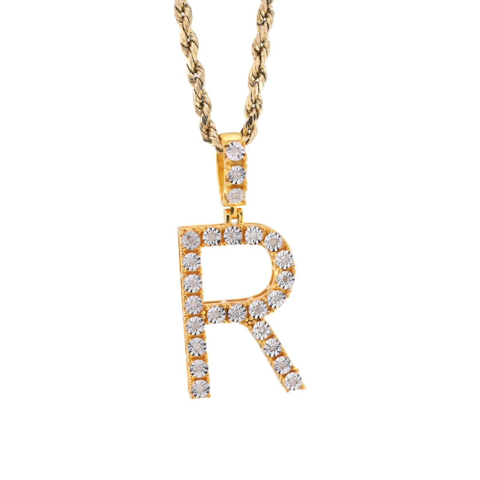 925 Yellow Natural 0.15 CTW Diamond Initial Alphabet "R" Pendant 2g Unisex Charm