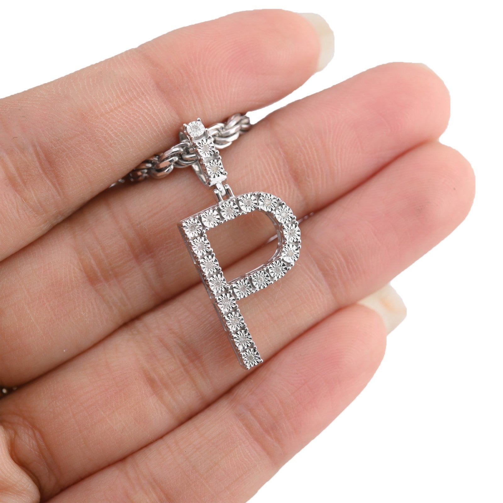 925 Silver Natural 0.15 CTW Diamond Initial Alphabet "P" Pendant 2g Unisex Charm
