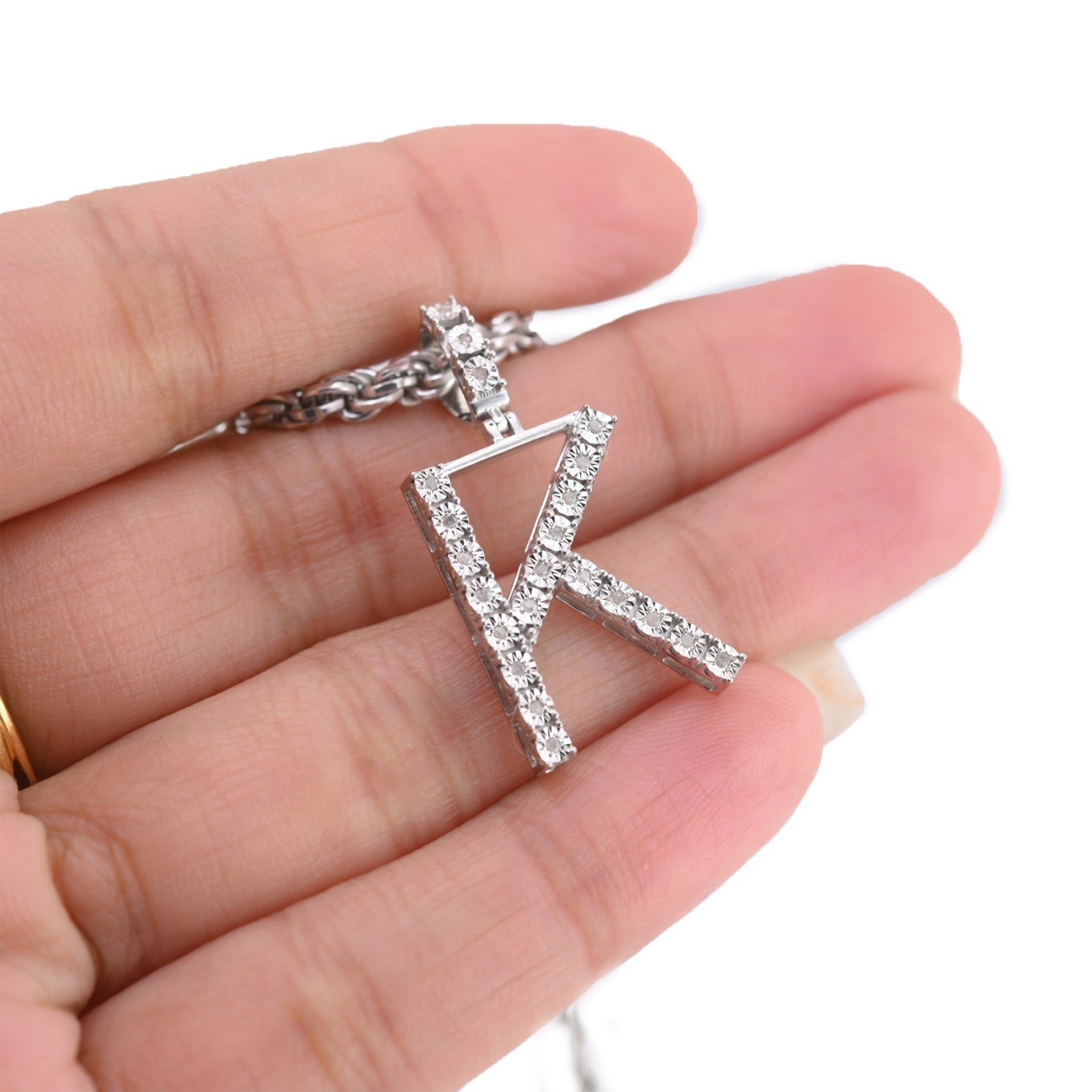 925 Silver Natural 0.15 CTW Diamond Initial Alphabet "K" Pendant 2g Unisex Charm