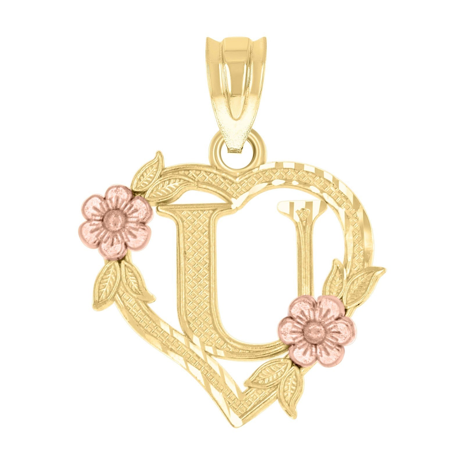 10k Yellow/Rose Gold Heart Flower Initial Letter "U" Pendant 1.1g Alphabet Charm