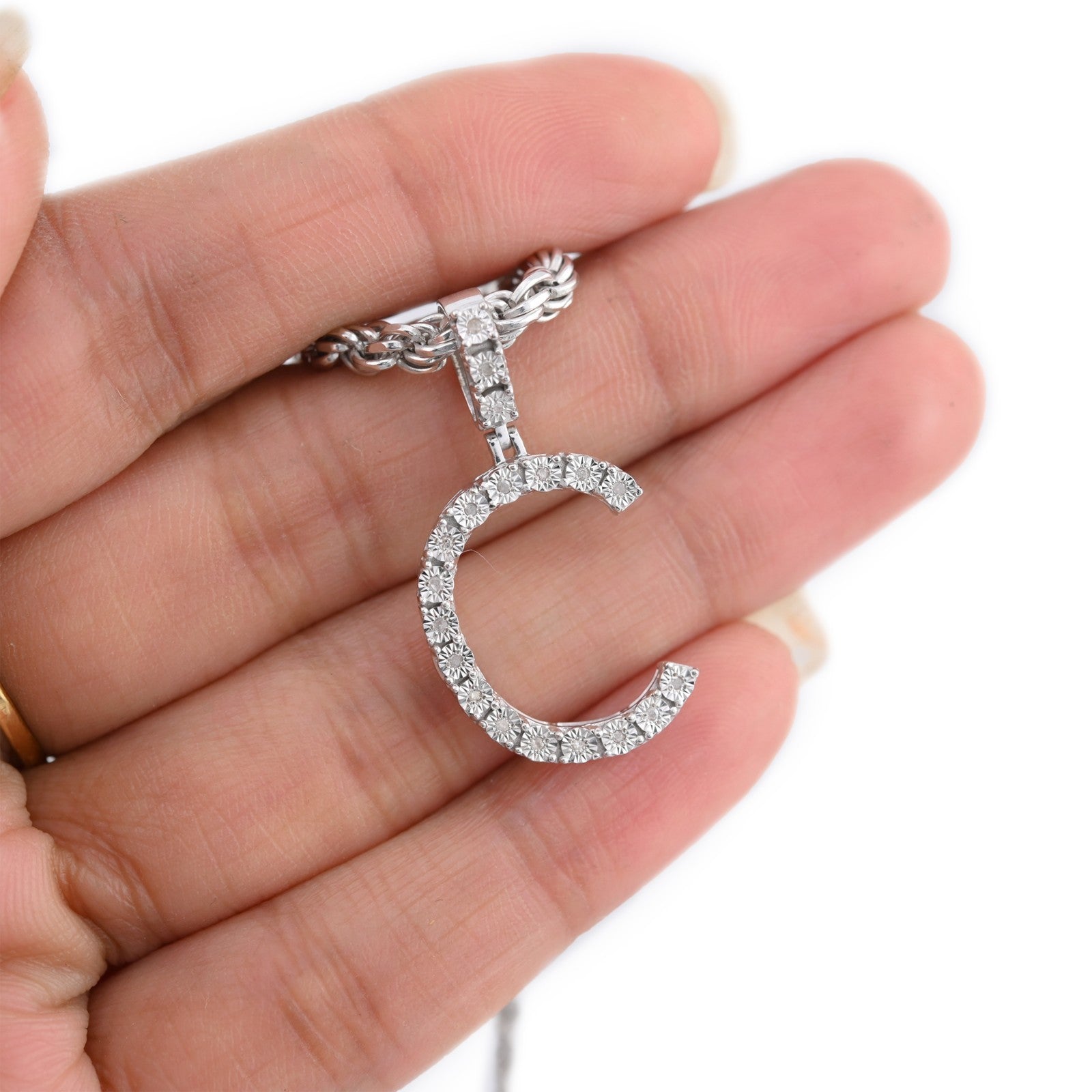 925 Silver Natural 0.15 CTW Diamond Initial Alphabet "C" Pendant 2g Unisex Charm
