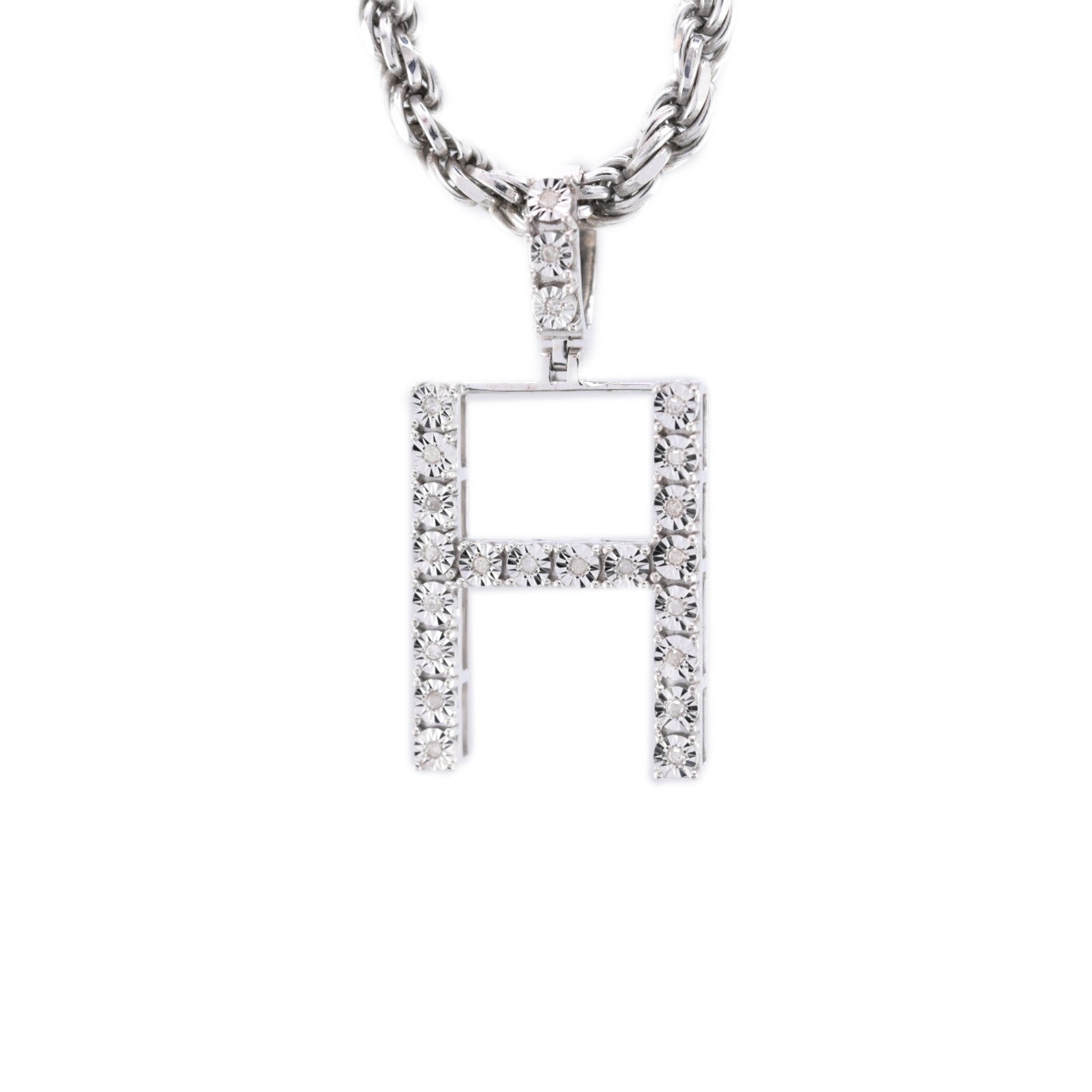 925 Silver Natural 0.15 CTW Diamond Initial Alphabet "H" Pendant 2g Unisex Charm