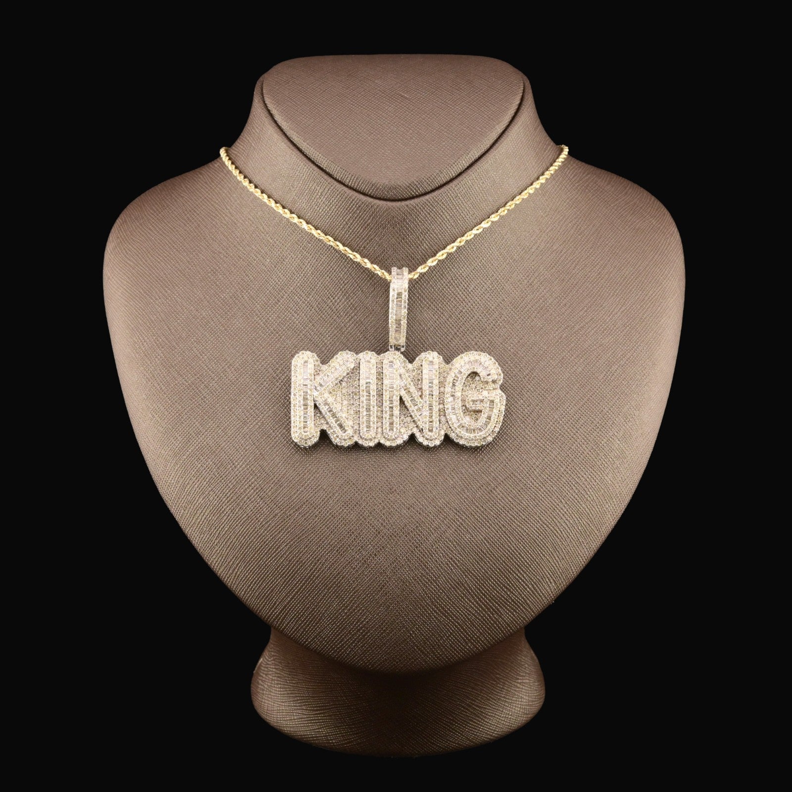 10k White Gold 10CTW Natural Round & Baguette Diamond "KING" Pendant 31.3g Charm