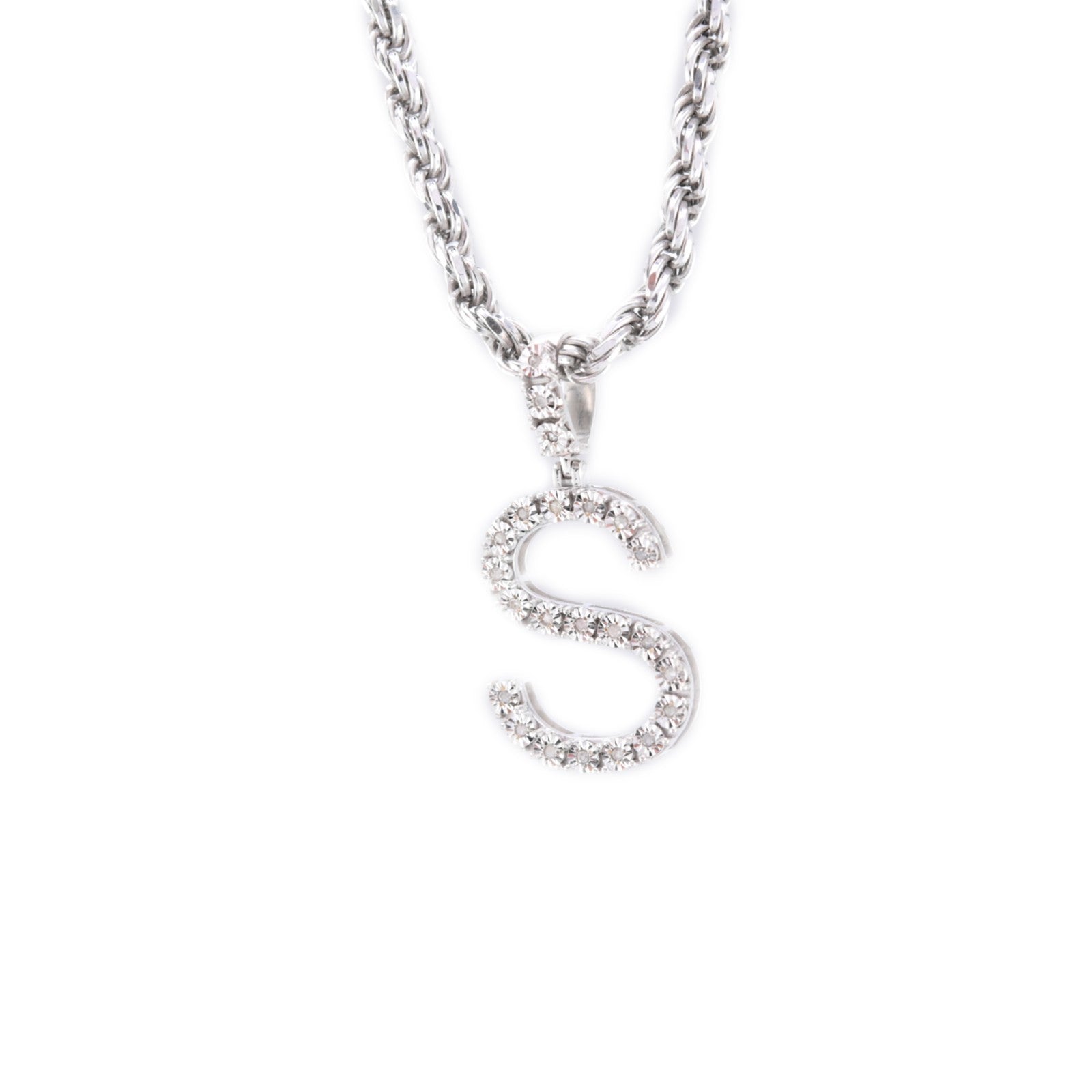 925 Silver Natural 0.15 CTW Diamond Initial Alphabet "S" Pendant 2g Unisex Charm