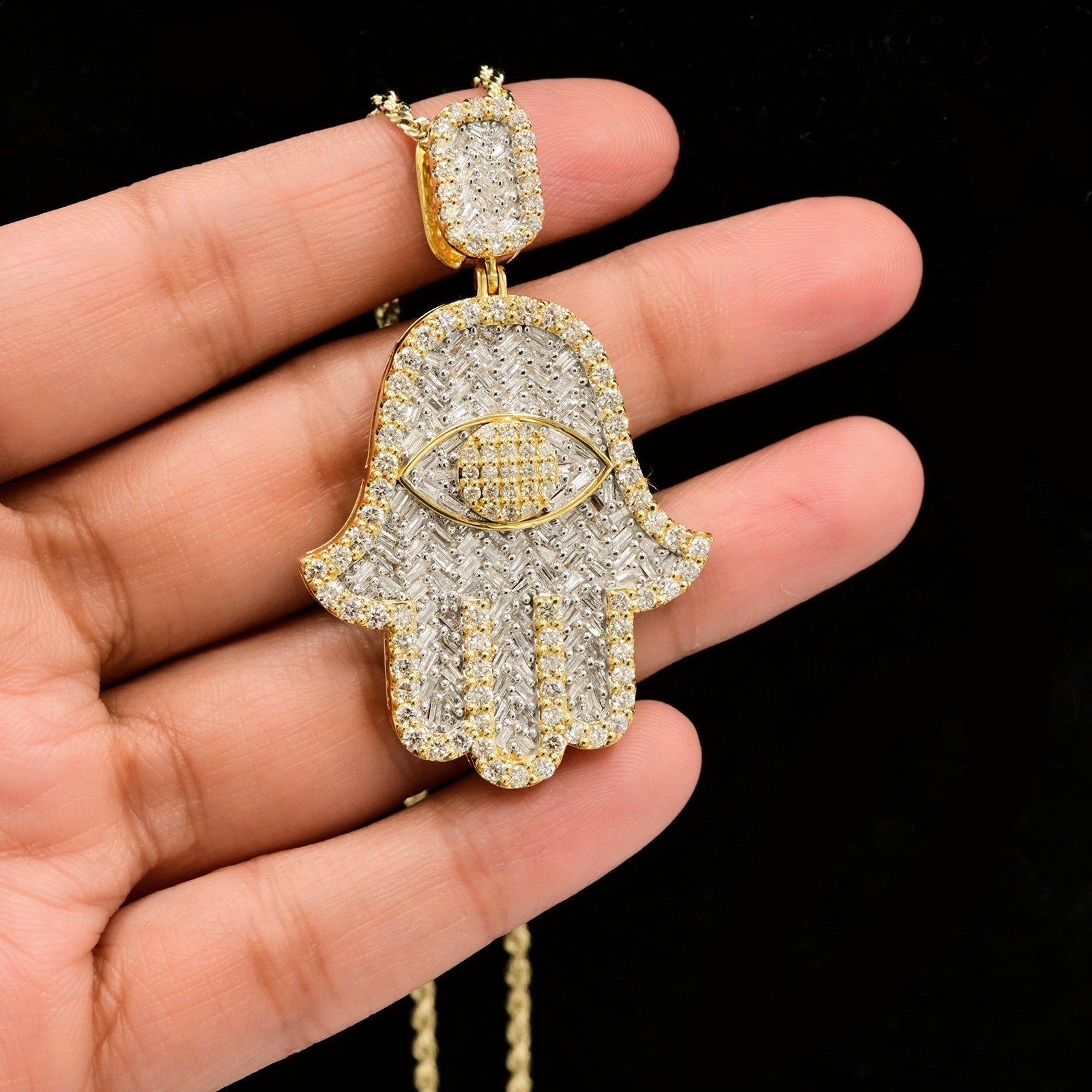 10k Yellow Gold 3.6CTW Round & Baguette Diamond Hamsa Hand Pendant 13.9g Charm