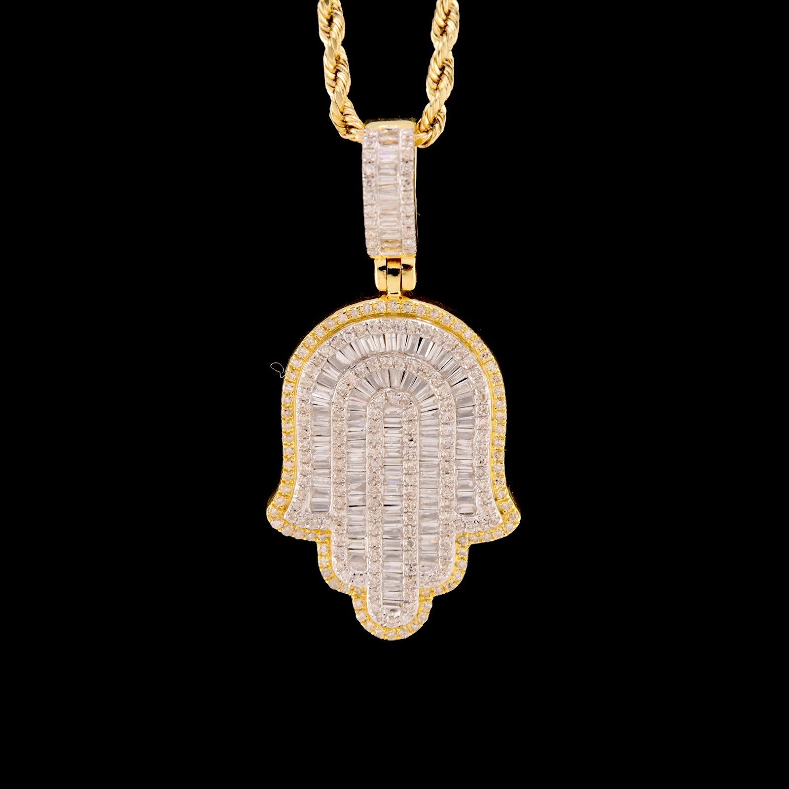 10k Yellow Gold 1.3CTW Natural Round & Baguette Diamond Hamsa Hand Pendant 7.1g