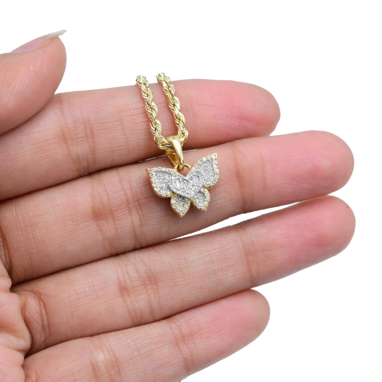 10k Yellow Gold 0.25CTW Round & Baguette Diamond Butterfly Pendant 1.9g Charm
