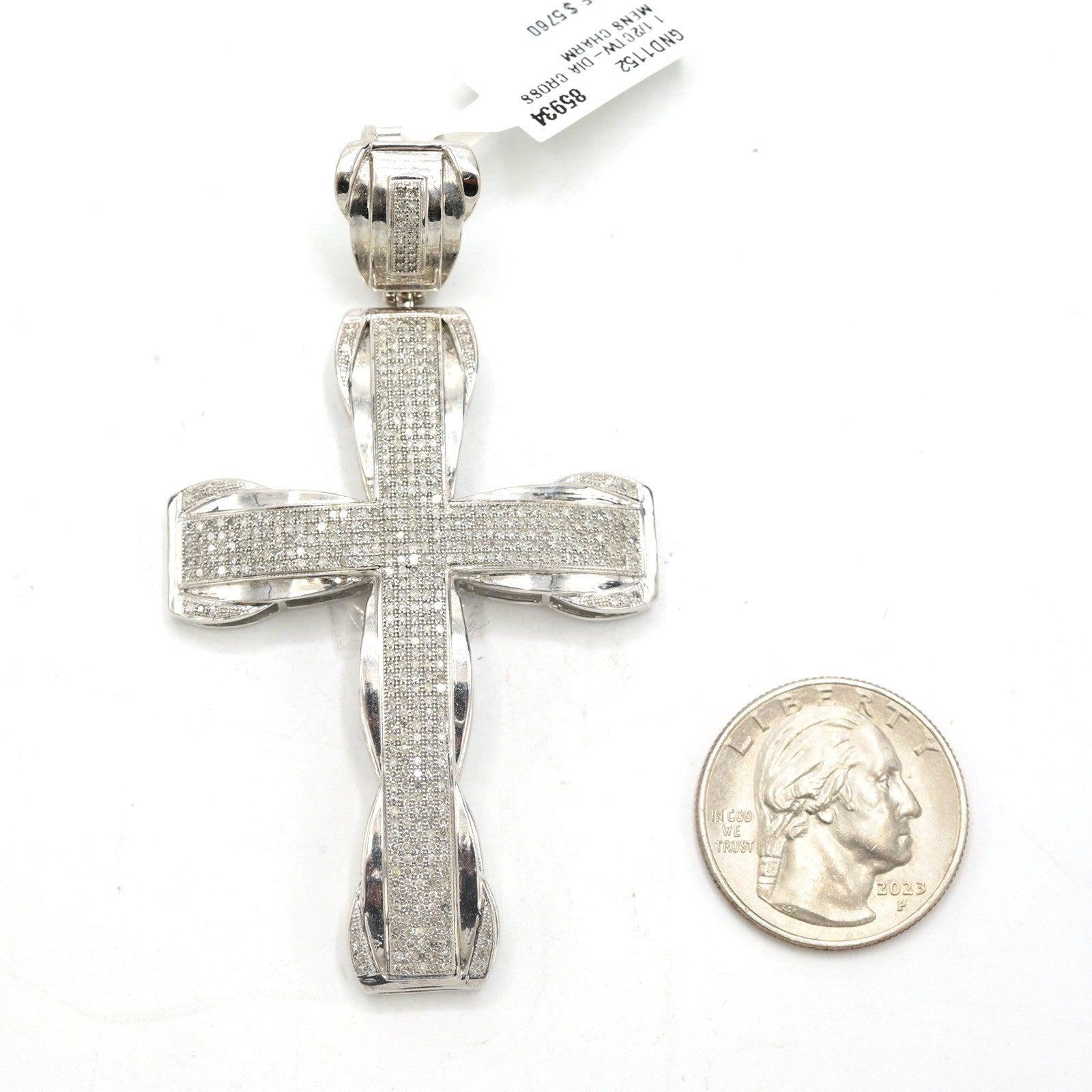 10k White Gold 1.5CTW Natural Round Diamond Iced-Out Cross Charm Pendant 17.2g