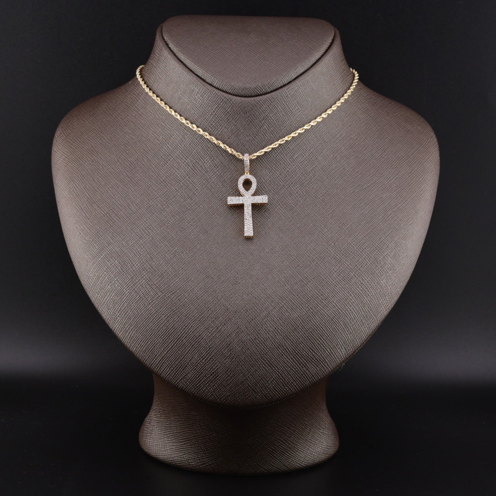 10k Yellow Gold 0.6CTW Natural Round Diamond Ankh Cross Pendant 2.6g Charm