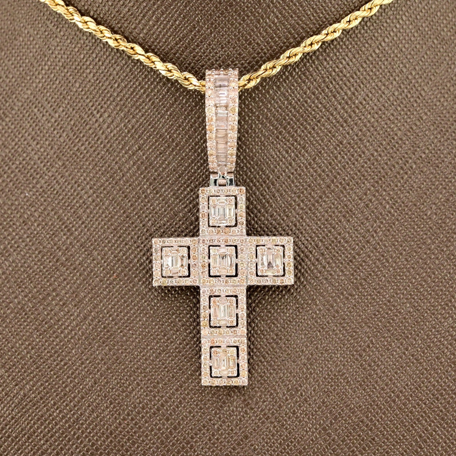 10k White Gold 2CTW Natural Round & Baguette Diamond Cross Pendant 6.4g Charm