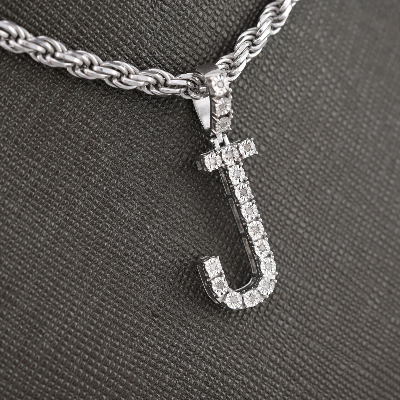 925 Silver Natural 0.15 CTW Diamond Initial Alphabet "J" Pendant 2g Unisex Charm