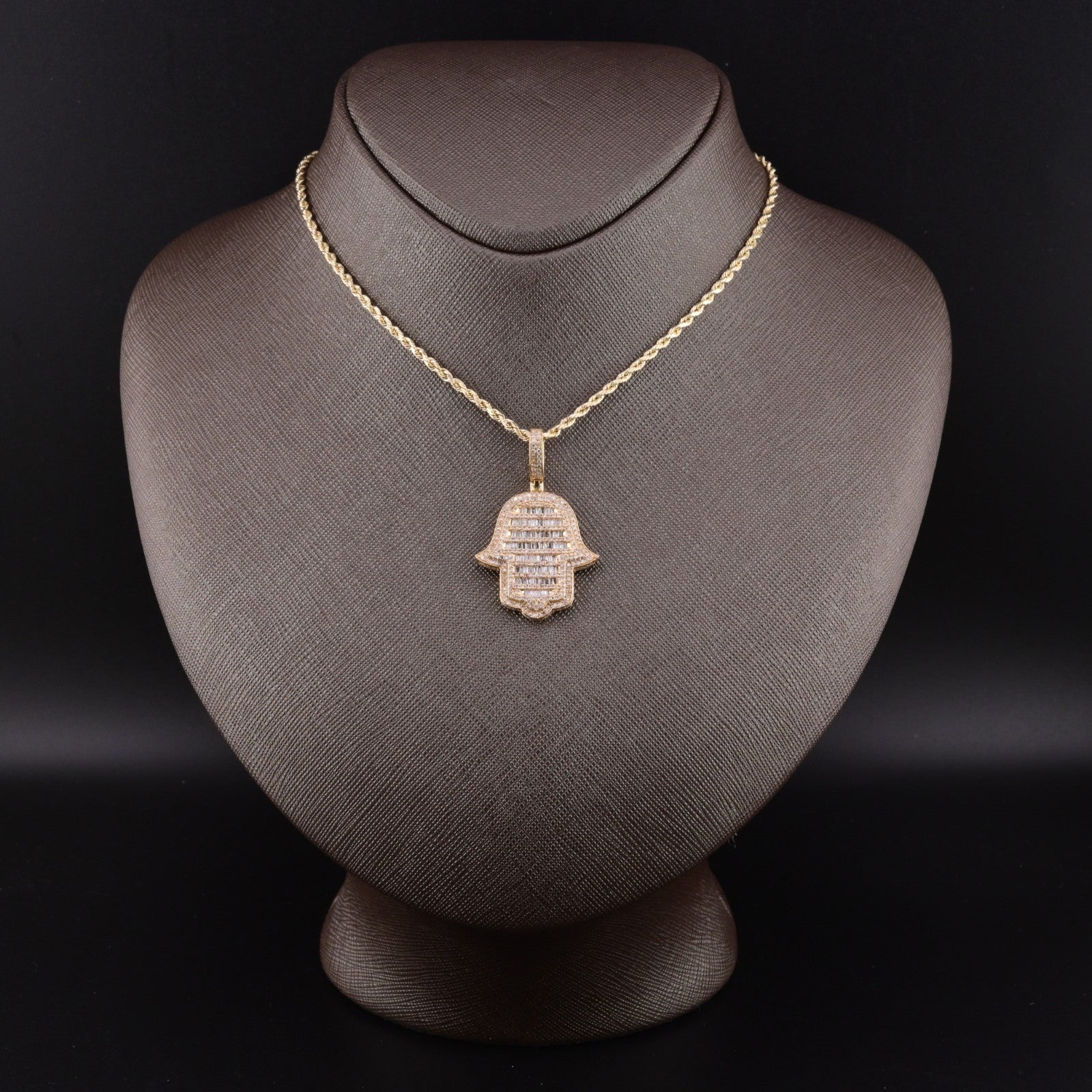 10k Yellow Gold 1.65CTW Round/Baguette Diamond Hamsa Hand Pendant Charm 6.4gms