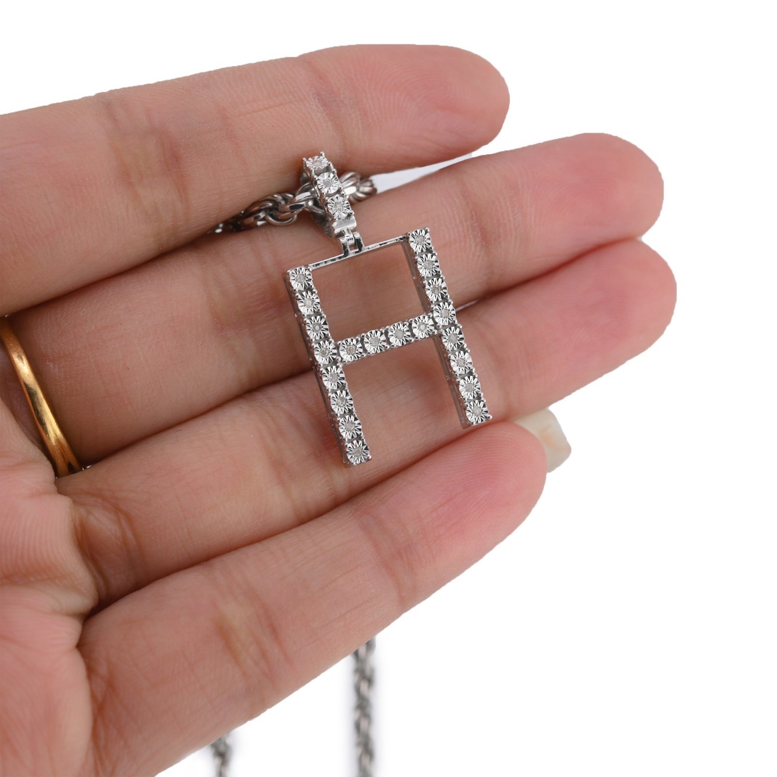 925 Silver Natural 0.15 CTW Diamond Initial Alphabet "H" Pendant 2g Unisex Charm