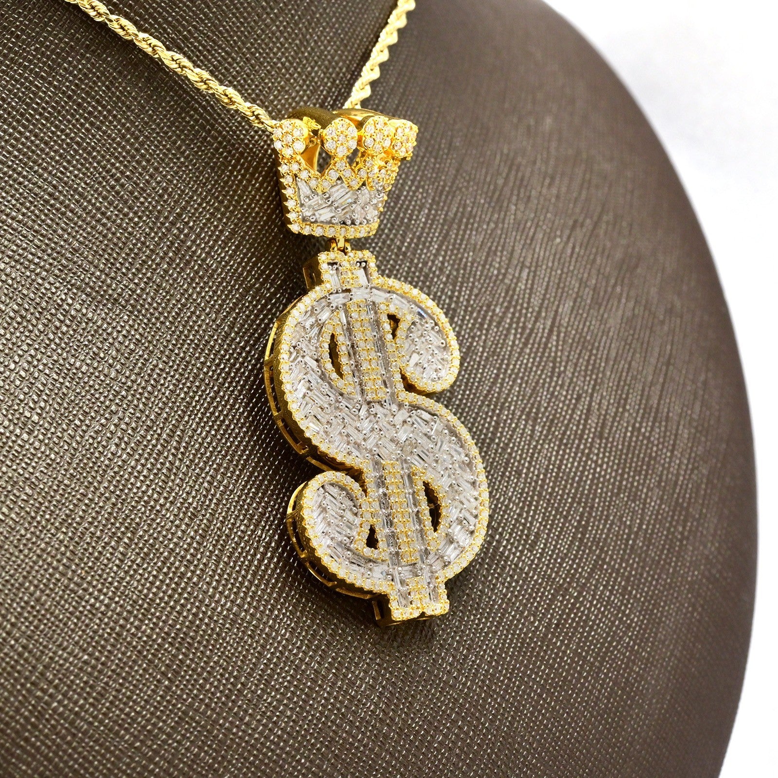 10k Yellow Gold 3.5CTW Round & Baguette Diamond Dollar Sign Pendant 17.8g Charm