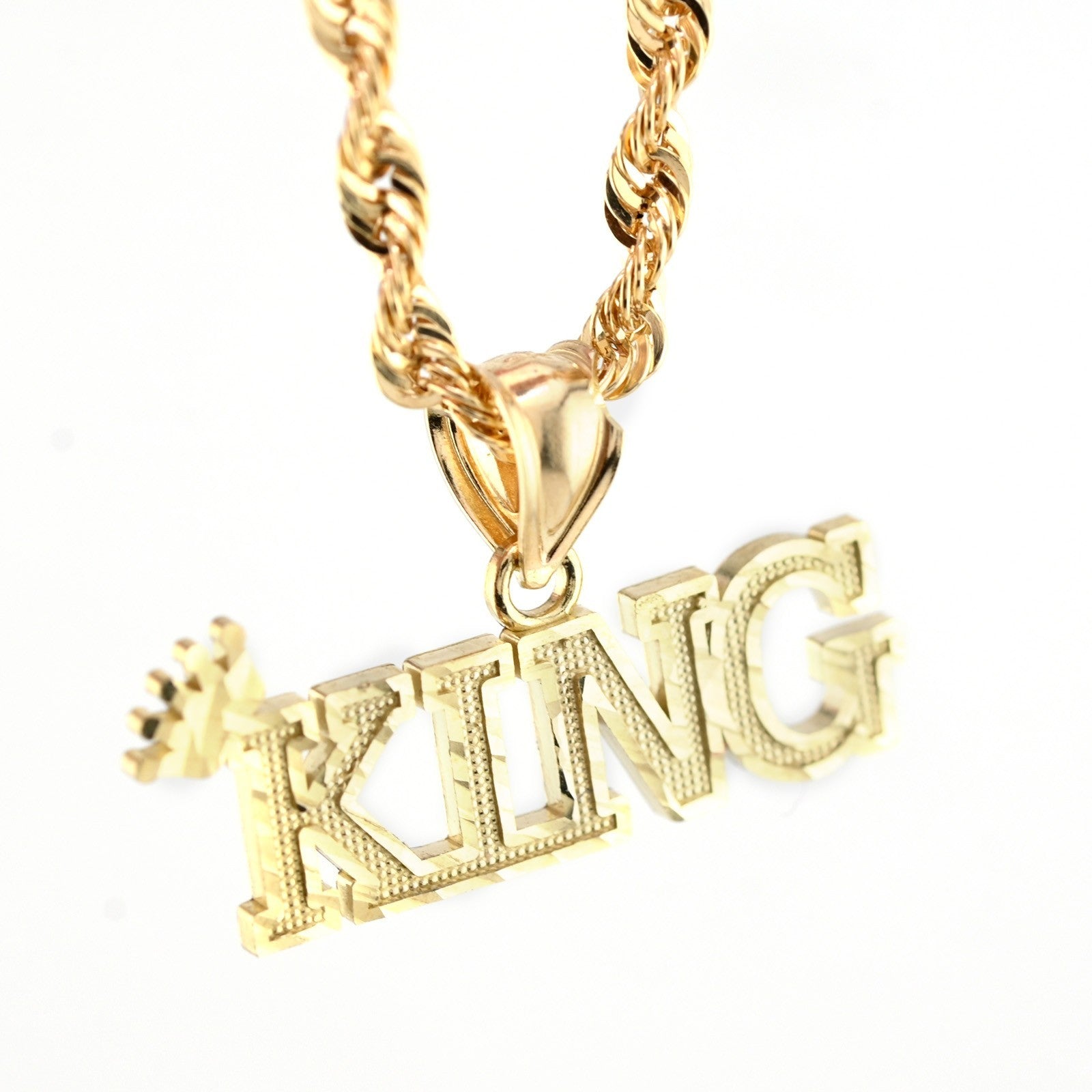 10k Yellow Gold Crown KING Charm Diamond Cut Pendant 1.125" Men 25mm 2g
