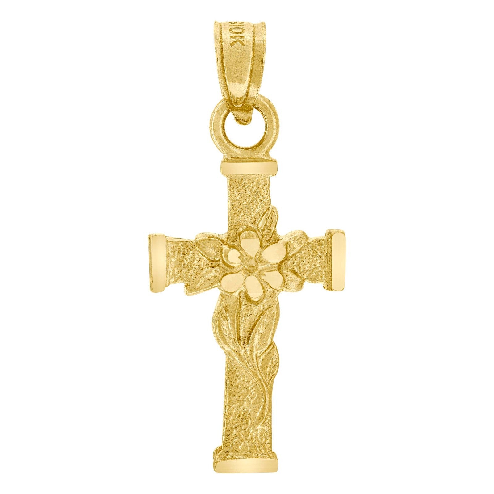Mens Womens 10k Yellow Gold Textured Flower Cross Religious Charm 0.88g Pendant