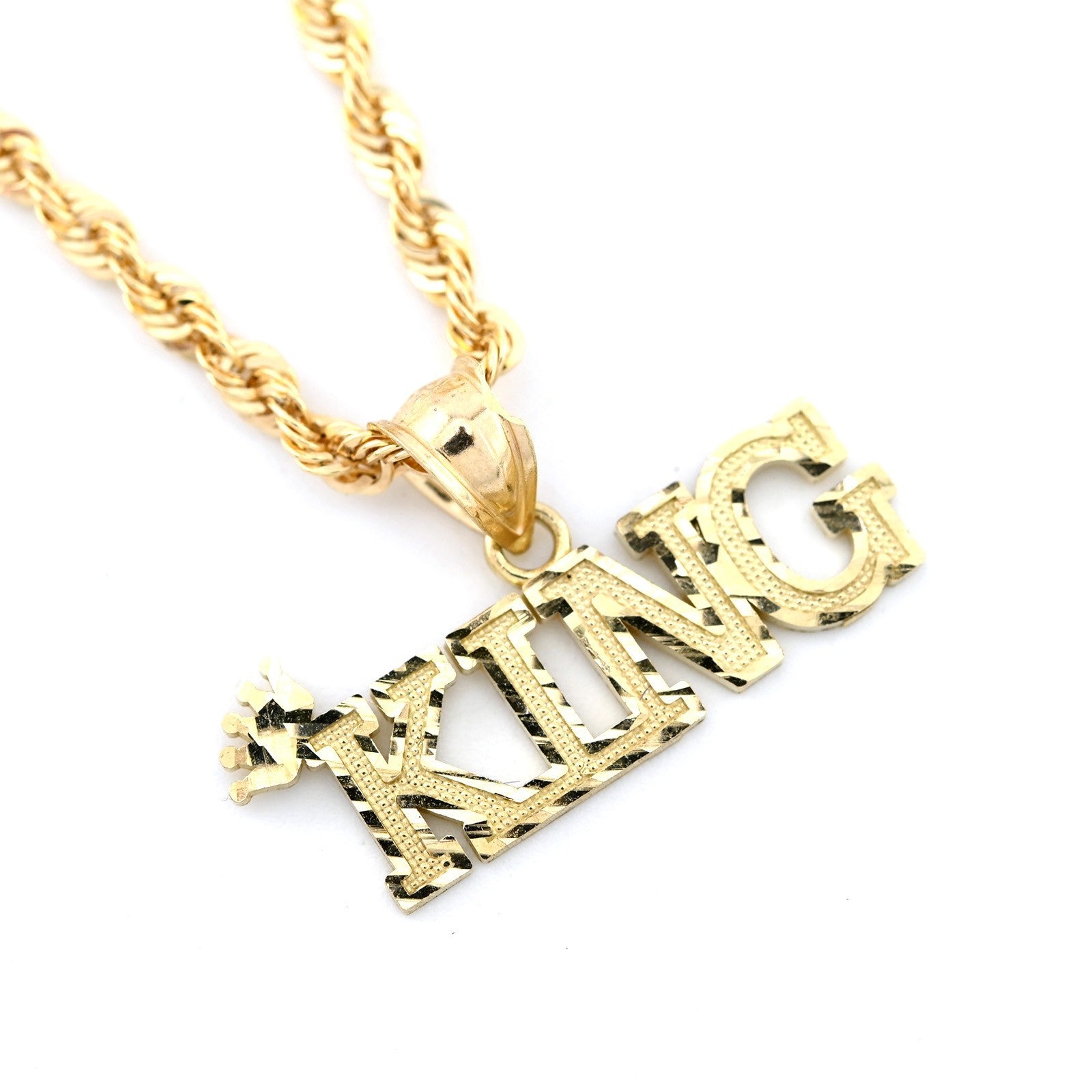 10k Yellow Gold Crown KING Charm Diamond Cut Pendant 1.125" Men 25mm 2g