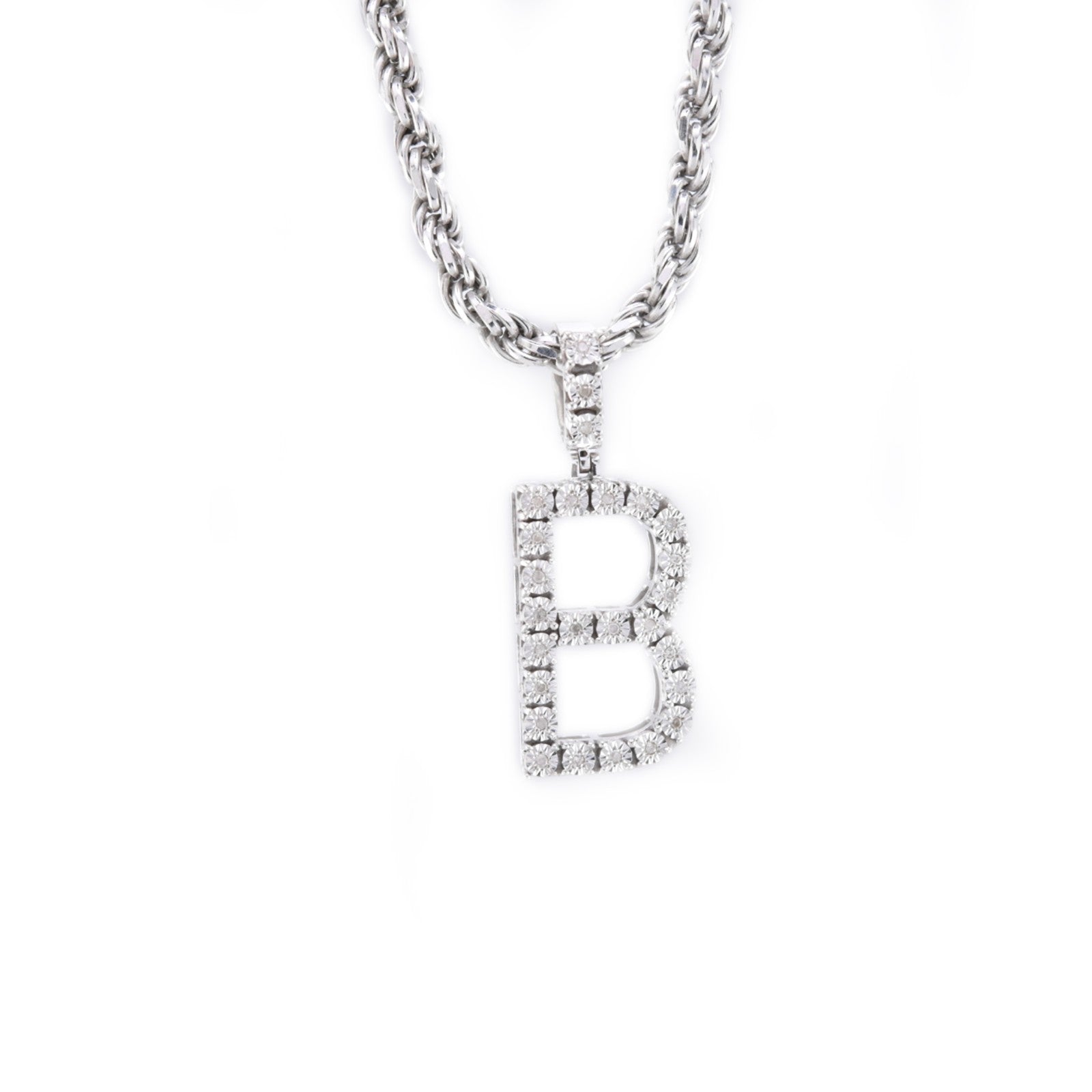 925 Silver Natural 0.15 CTW Diamond Initial Alphabet "B" Pendant 2g Unisex Charm