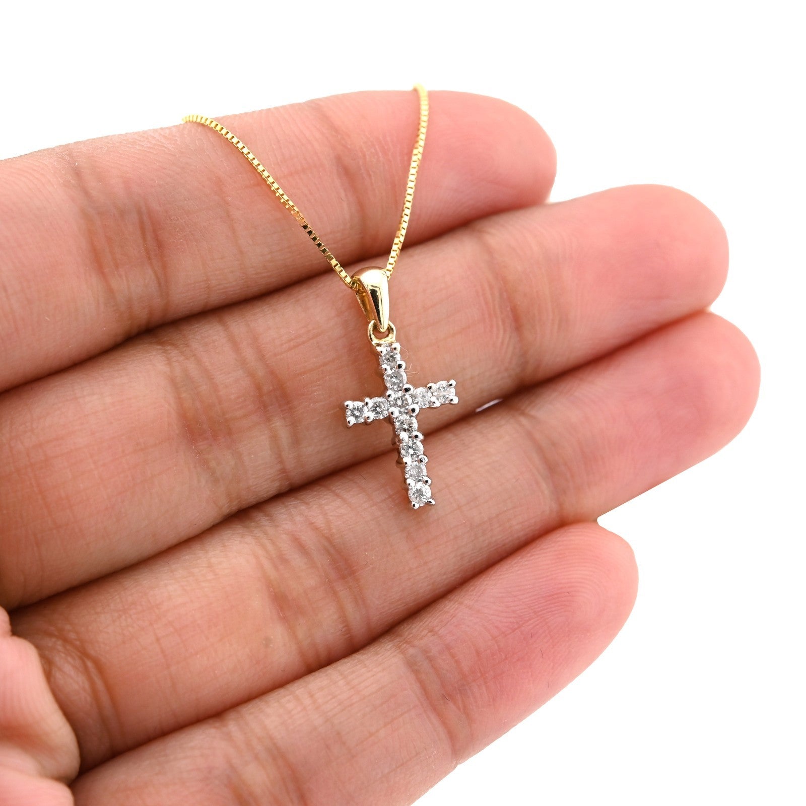 10k Yellow Gold 0.25CTW Natural Diamond Cross Charm 0.9g Pendant with Box Chain