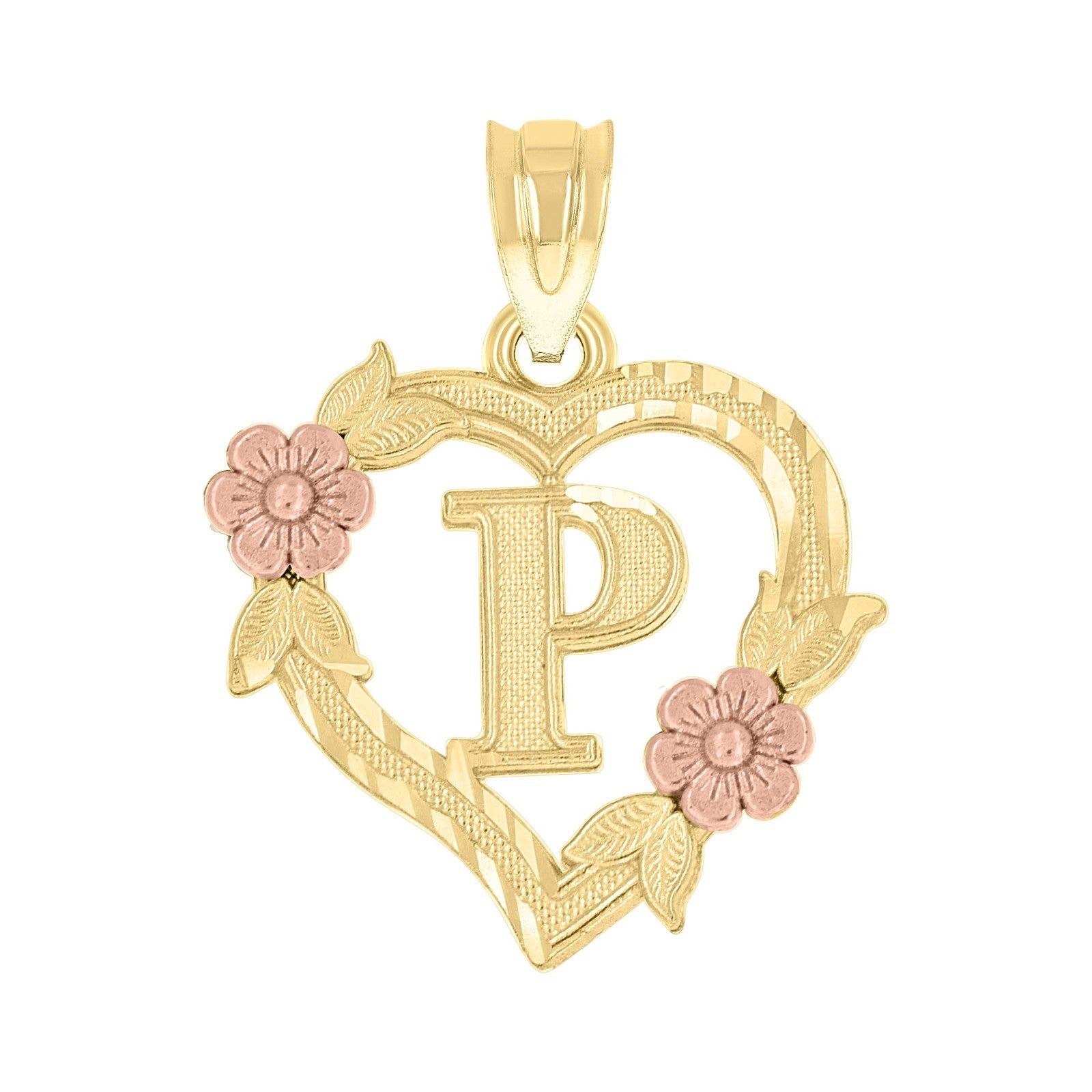 10k Yellow/Rose Gold Heart Flower Initial Letter "P" Pendant 1.1g Alphabet Charm