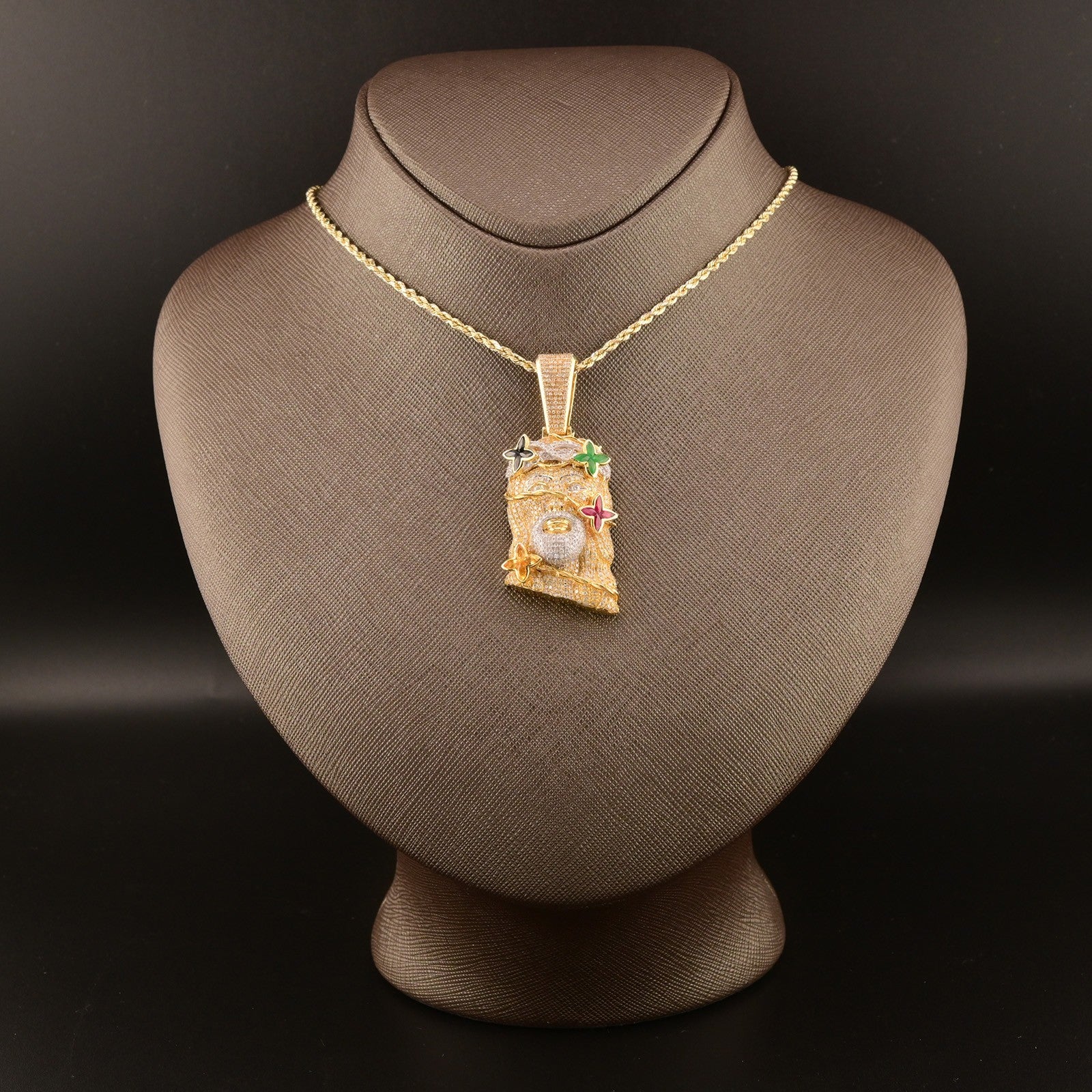 10k Yellow Gold 4.05CTW Diamond Jesus Head w/ Color Stones Pendant 15.3g Charm