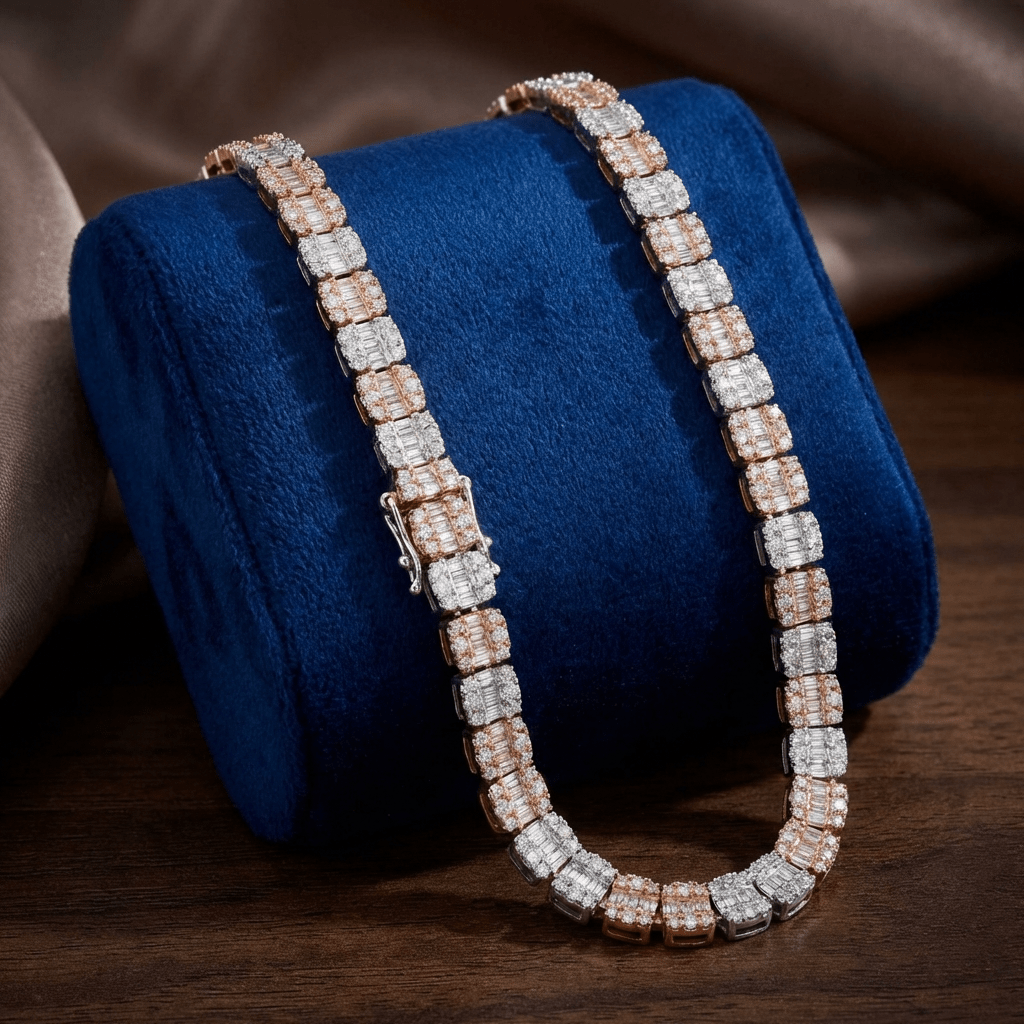 5MM 10k Rose/White Gold 35.5gms 9CTW Natural Round/Baguette Diamond Tennis Chain - Elite Jewelers - Necklaces