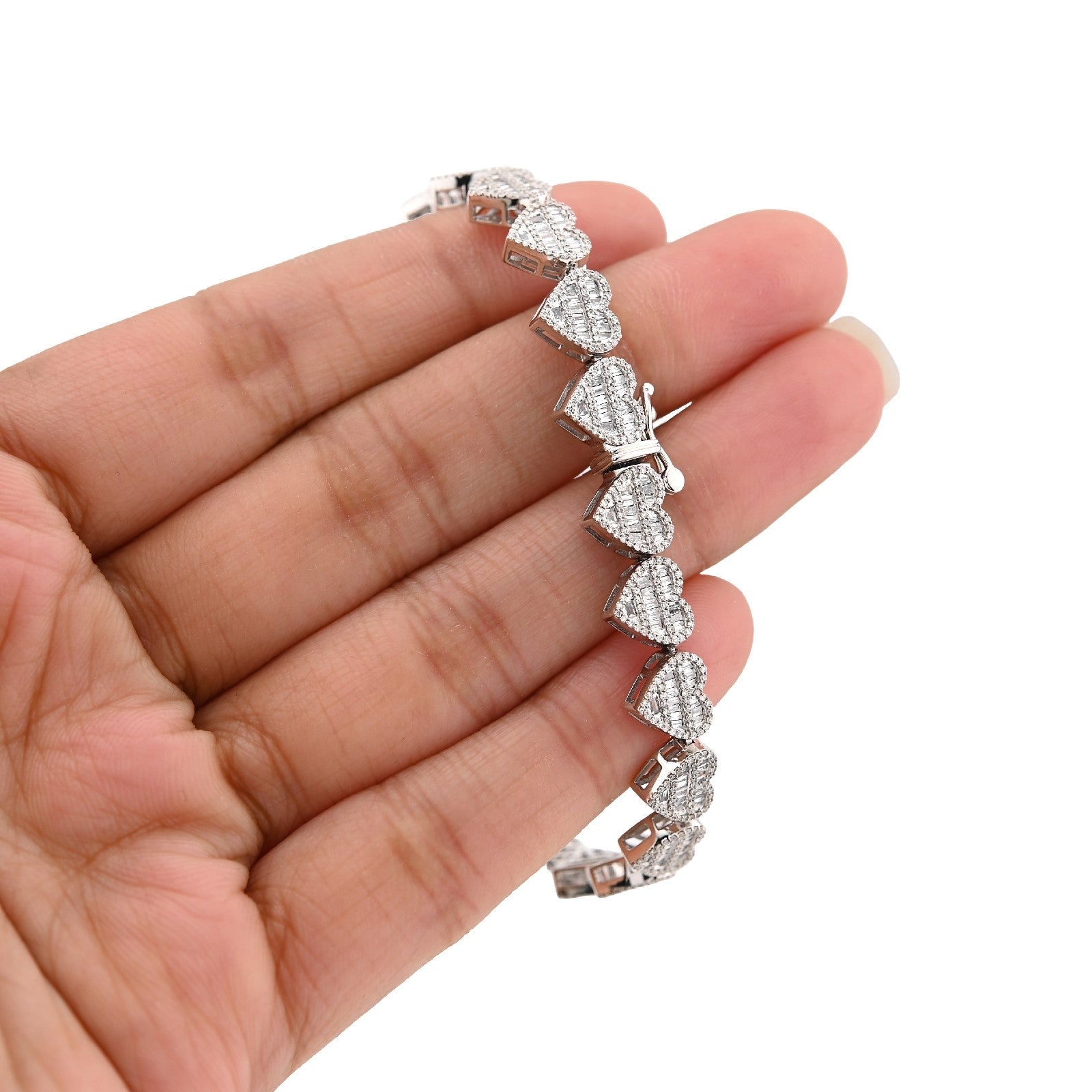 7.5MM 10k White Gold 14.9gm 2.52CTW Round/Baguette Diamond Heart Tennis Bracelet - Elite Jewelers - Bracelets