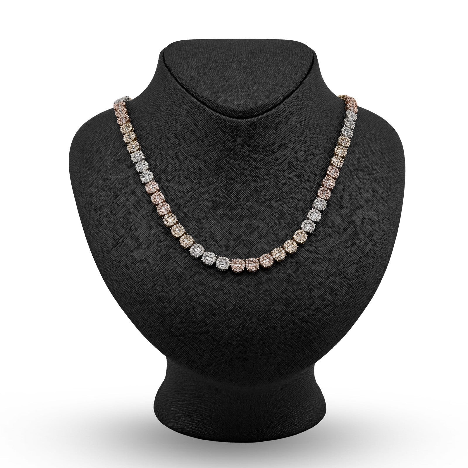 7MM 10k 3 - Tone Gold 18.95CTW Round/Baguette 45.6gms Diamond Cluster Tennis Chain - Elite Jewelers - Necklaces & Chains