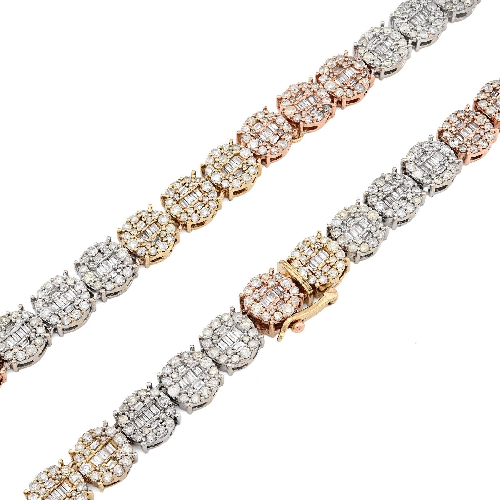 7MM 10k 3 - Tone Gold 18.95CTW Round/Baguette 45.6gms Diamond Cluster Tennis Chain - Elite Jewelers - Necklaces & Chains