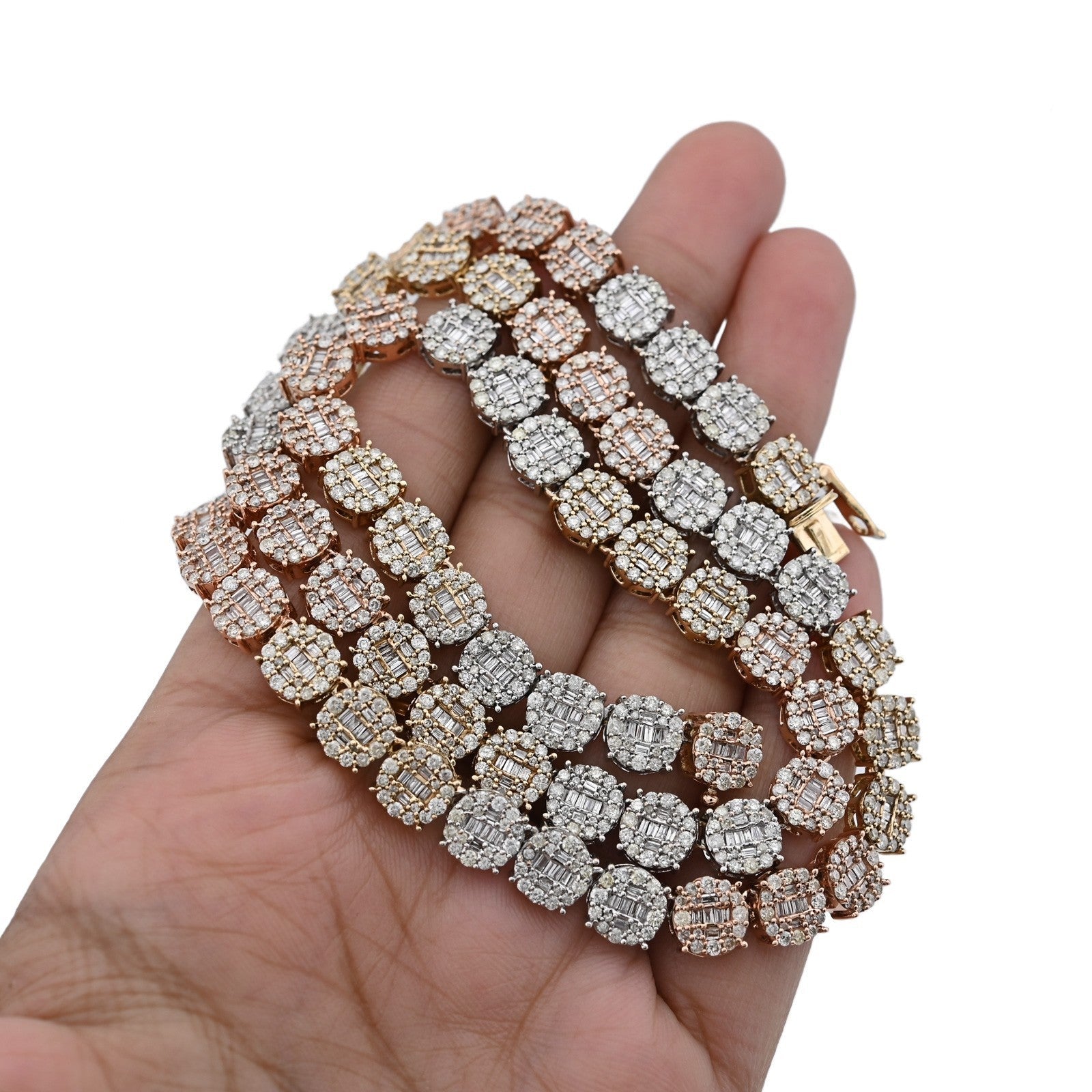 7MM 10k 3 - Tone Gold 18.95CTW Round/Baguette 45.6gms Diamond Cluster Tennis Chain - Elite Jewelers - Necklaces & Chains